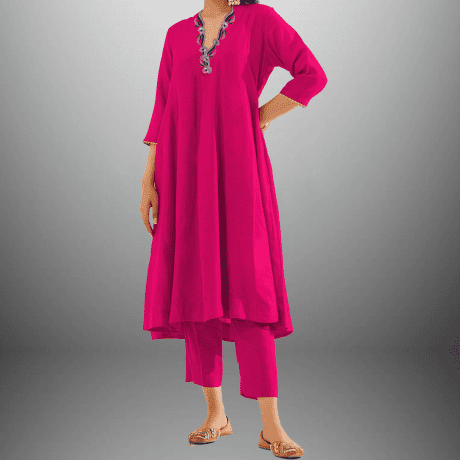 Women's Rose Pink Kurti set with Blue embroidery on neckline-RWKS053