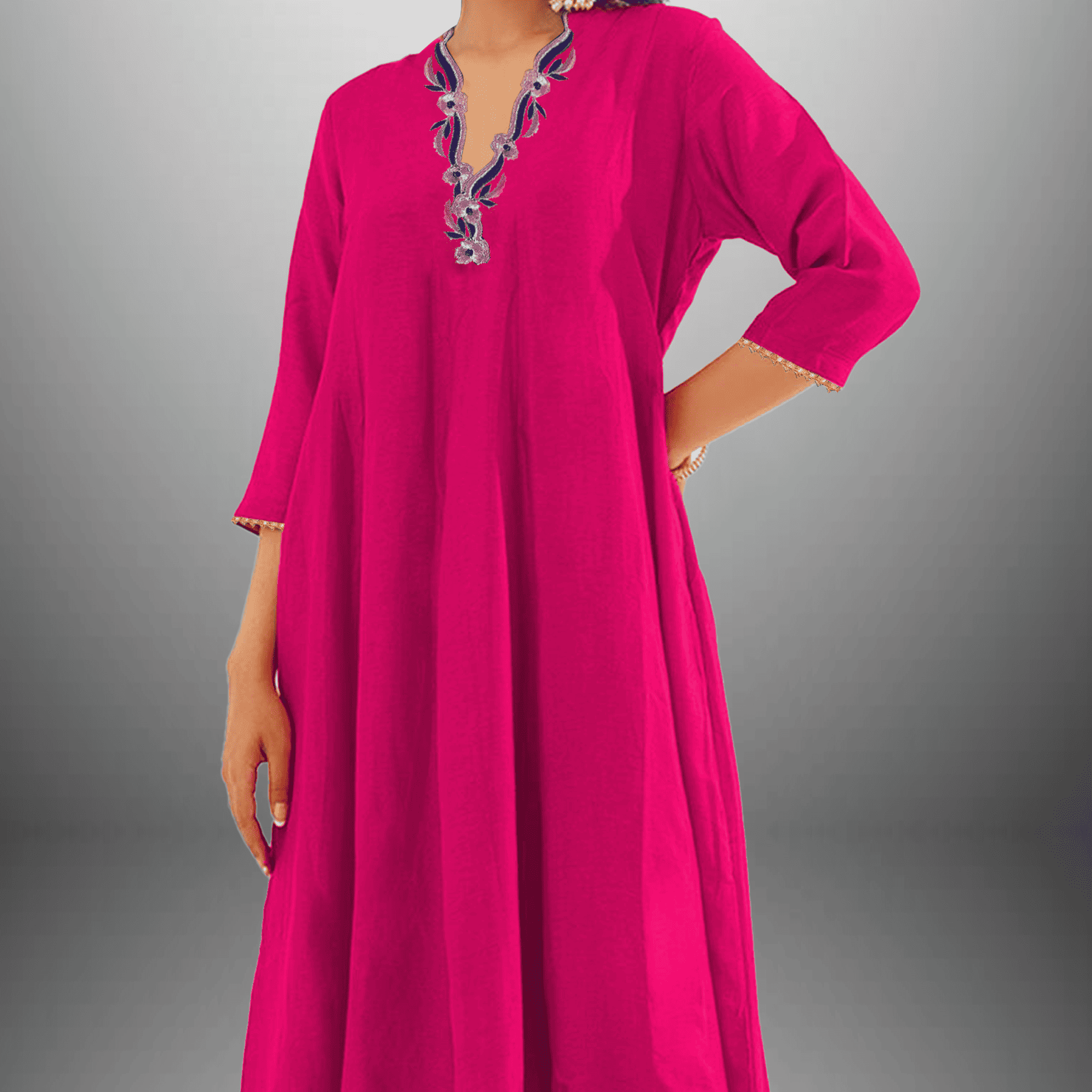 Women's Rose Pink Kurti set with Blue embroidery on neckline-RWKS053
