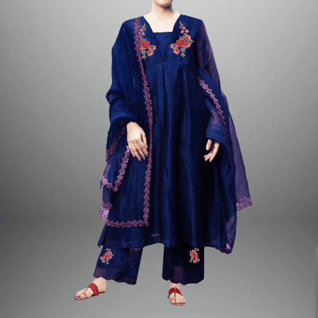 Women's Royal blue embroidered Kurti set with dupatta-RWKS036