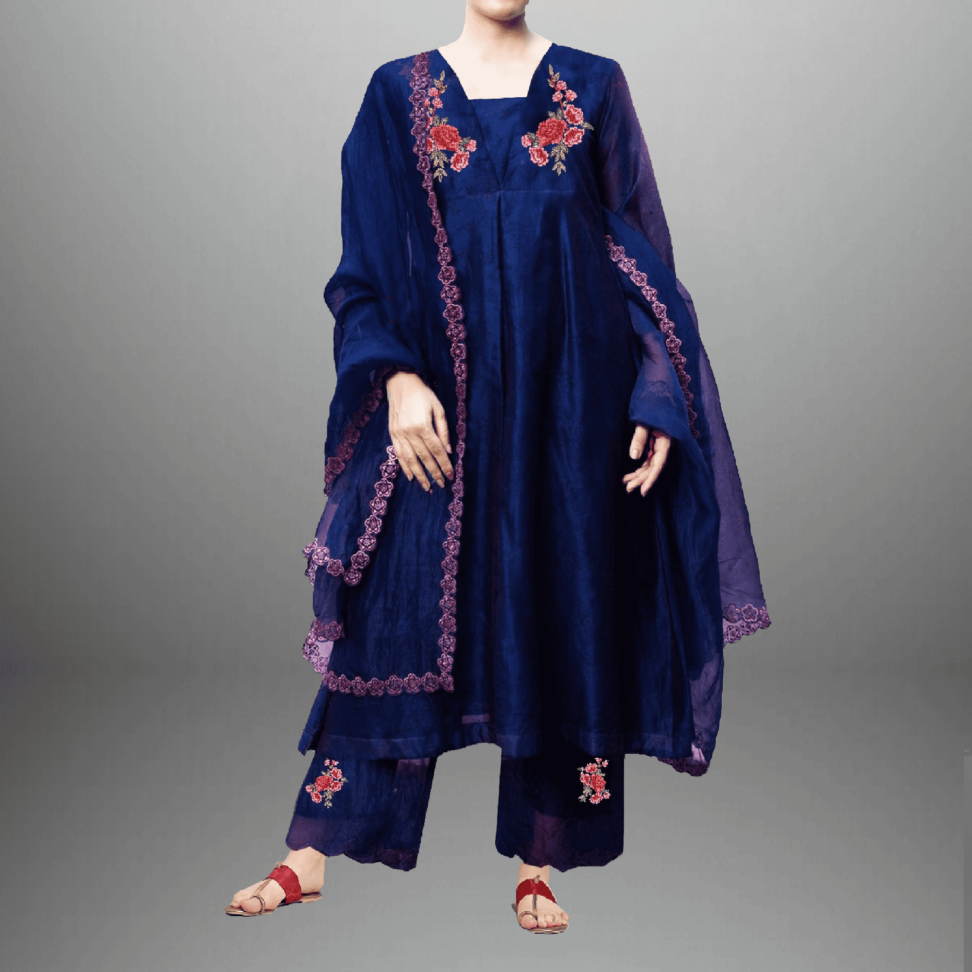 Women's Royal blue embroidered Kurti set with dupatta-RWKS036