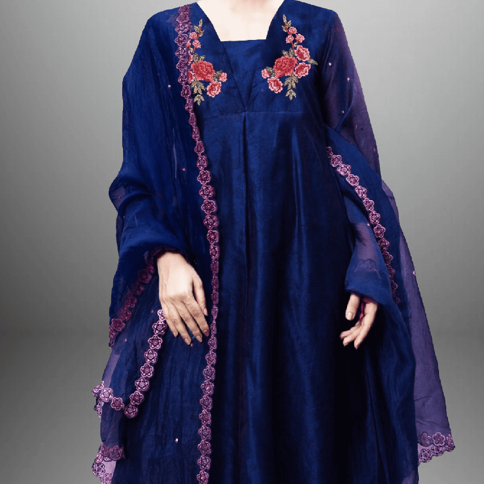 Women's Royal blue embroidered Kurti set with dupatta-RWKS036