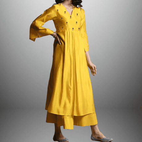 Women's Sunshine Yellow bell sleeve kurti with pant-RWKS054