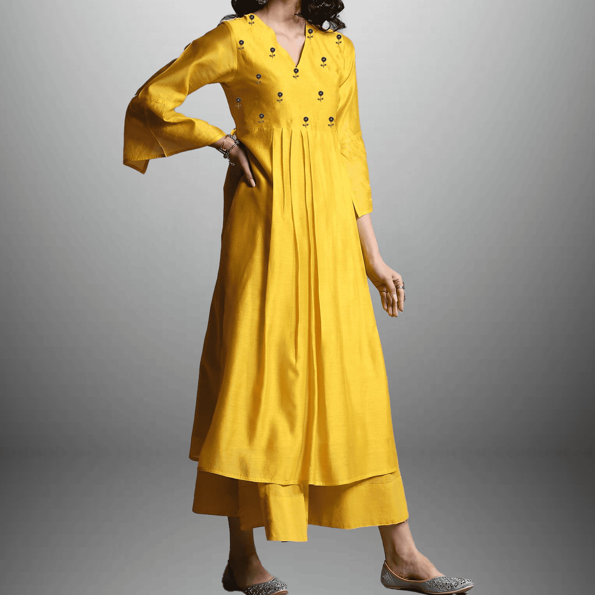 Women's Sunshine Yellow bell sleeve kurti with pant-RWKS054
