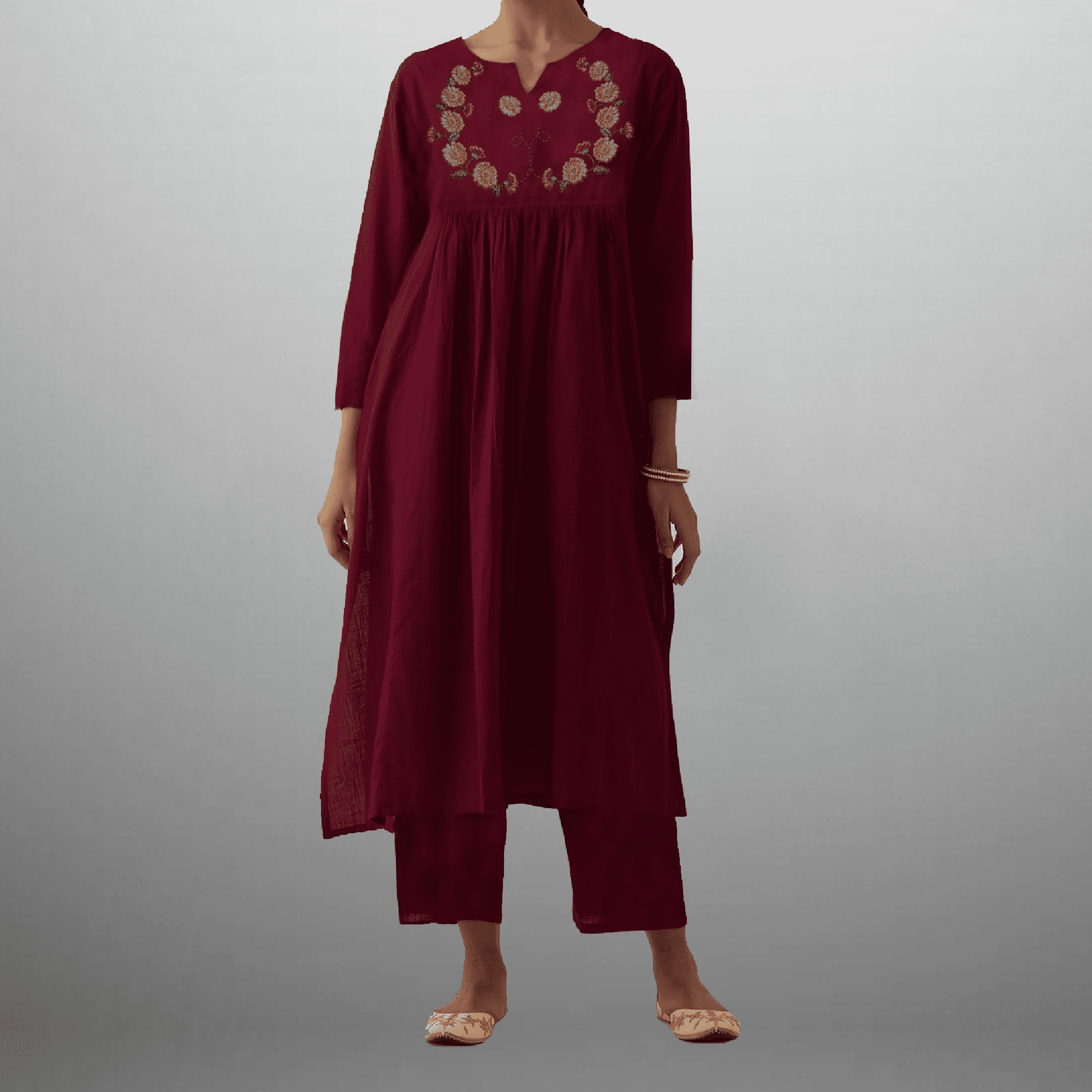 Women's Wine red Kurti with front floral ribbon work and pant-RWKS033