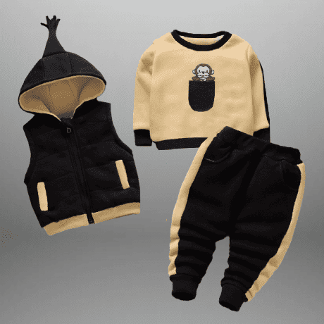 Boy's 3 piece set with color blocked t shirt with pocket , pant and a sleeveless Hooded jacket-RKFCW500