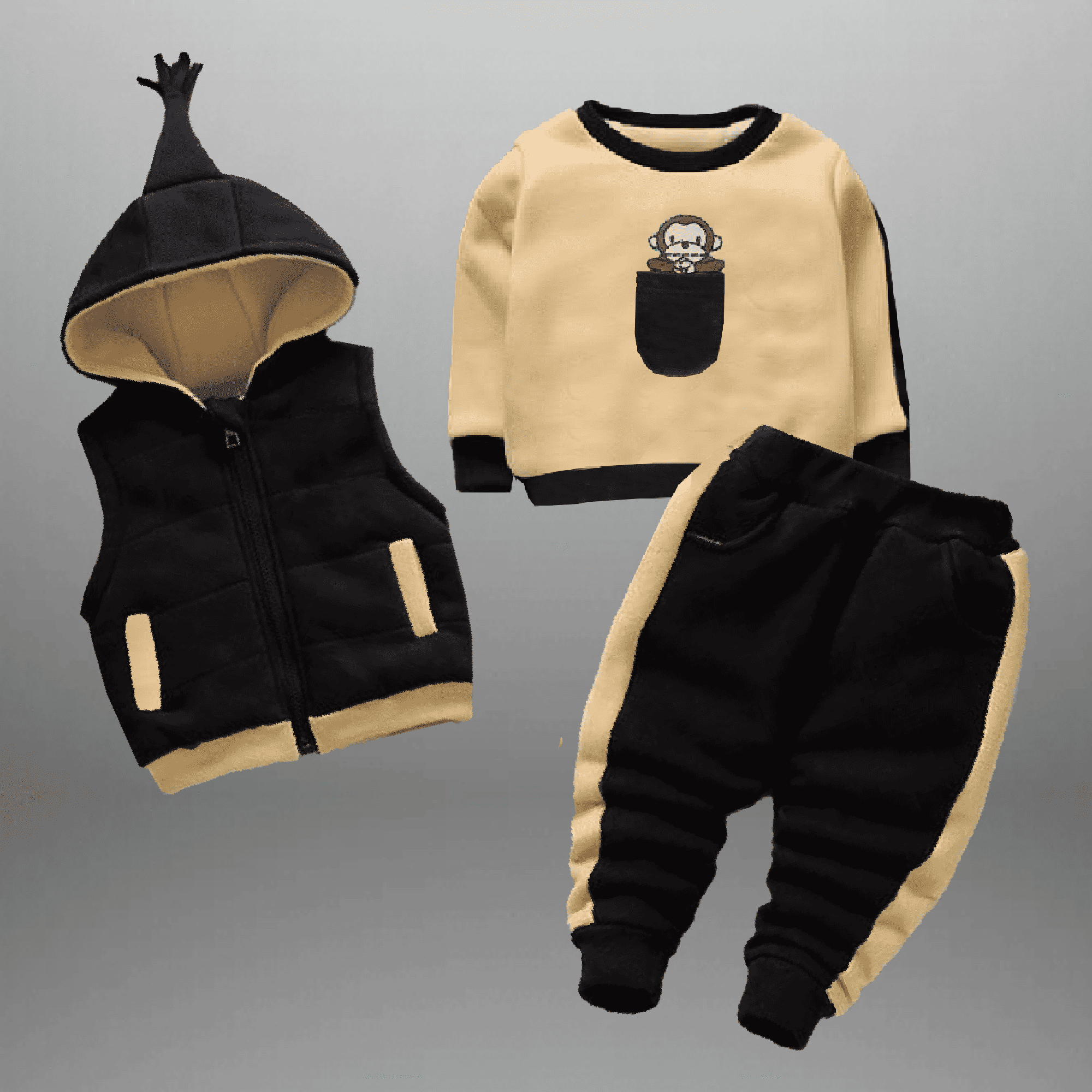 Boy's 3 piece set with color blocked t shirt with pocket , pant and a sleeveless Hooded jacket-RKFCW500