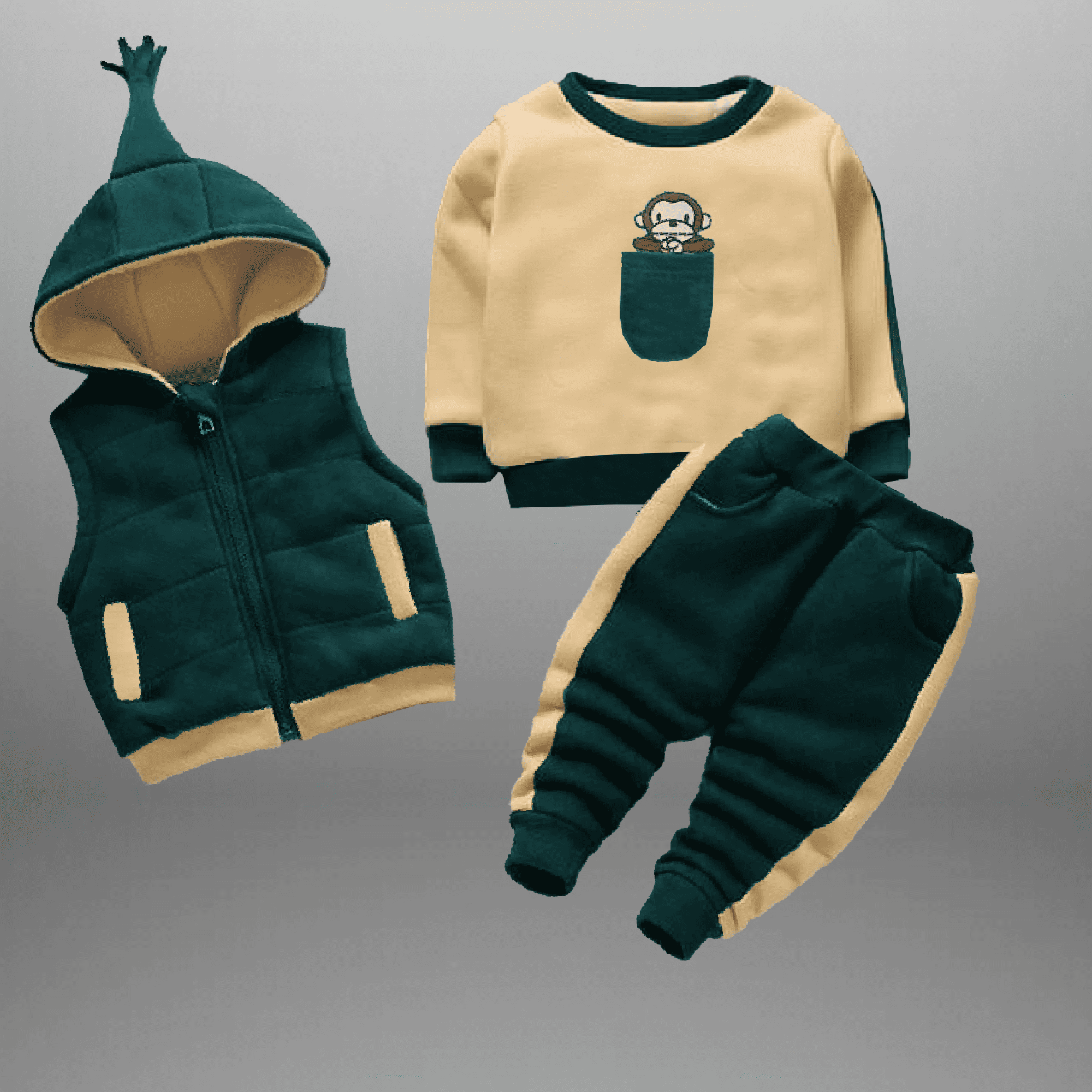 Boy's 3 piece set with color blocked t shirt with pocket , pant and a sleeveless Hooded jacket-RKFCW499