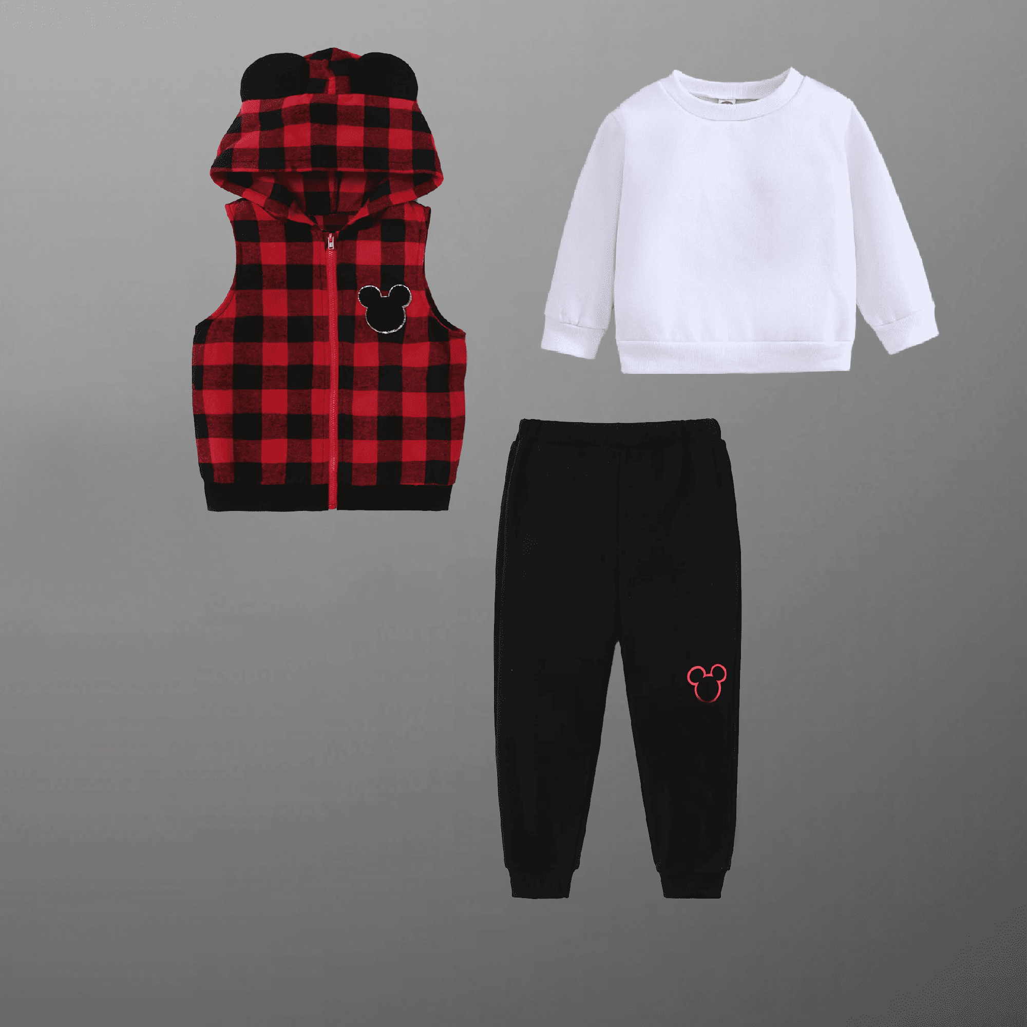 Boy's 3 Piece Set of Checked Sleeveless Jacket, Sweatshirt And  Bottom-RKFCW505
