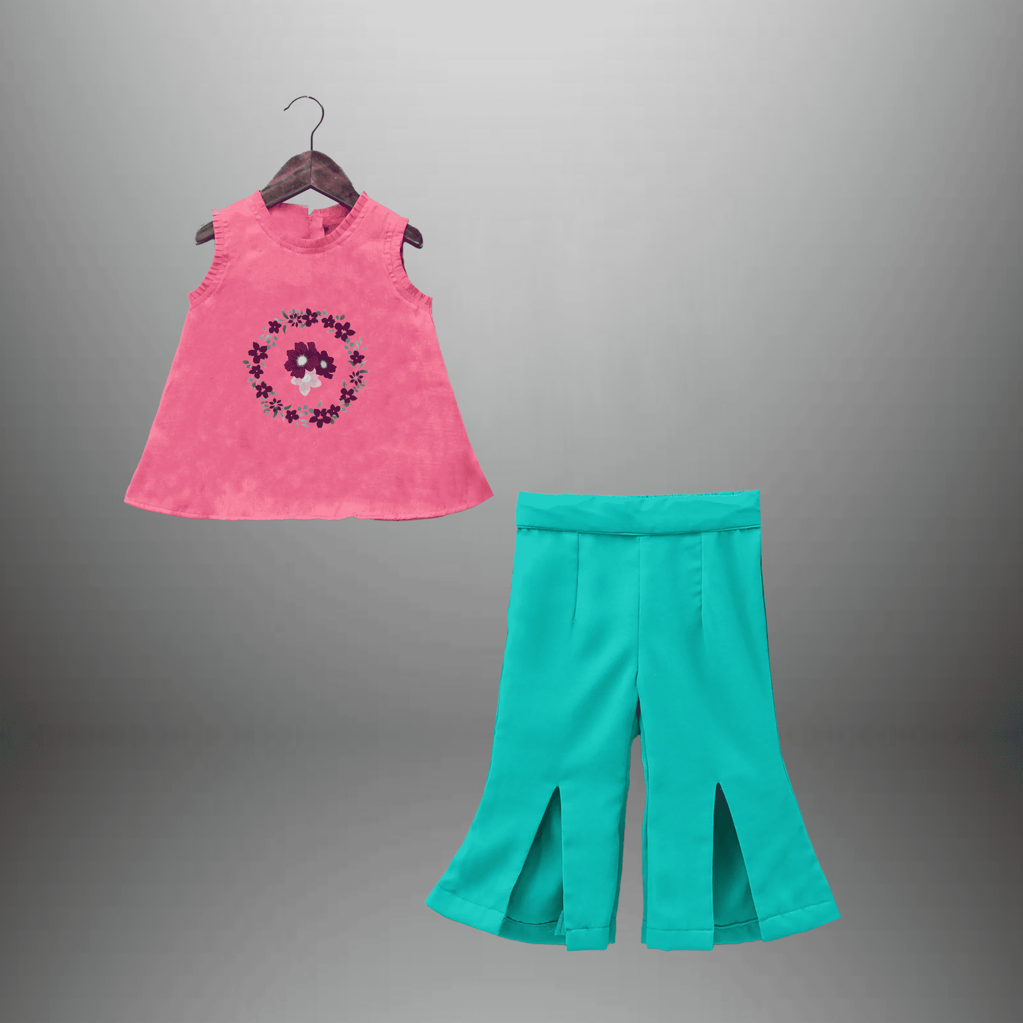 Girl's 2 piece set of blue front slit bottom and pink top-RKFCW497