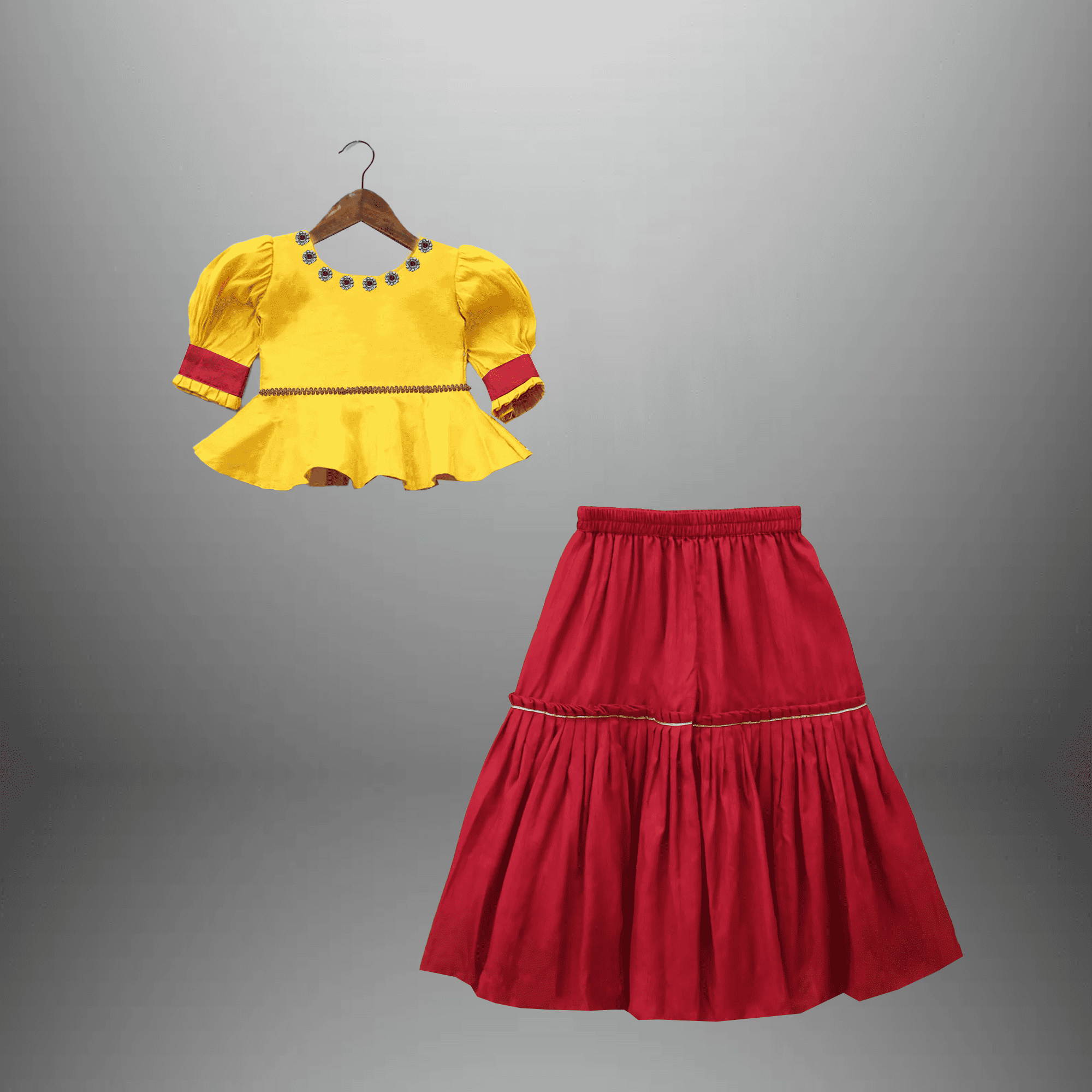Girl's Red lehenga skirt and yellow puff sleeve traditional style top-RKFCW495