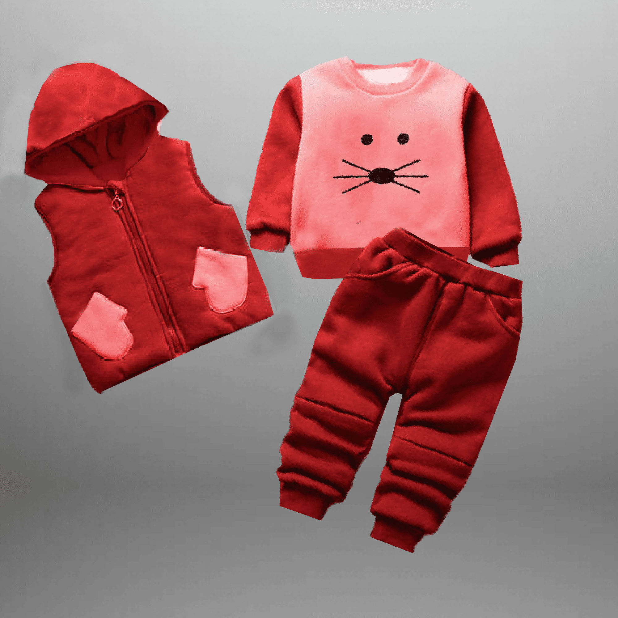 Girl's 3 Piece Set of Color blocked Hooded Sleeveless Jacket, Sweatshirt And Bottom-RKFCW506
