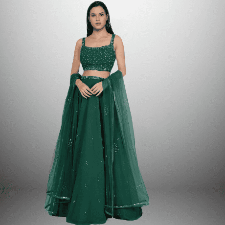 Green Georgette Lehenga with embellishmed blouse and Dupatta-RFL004
