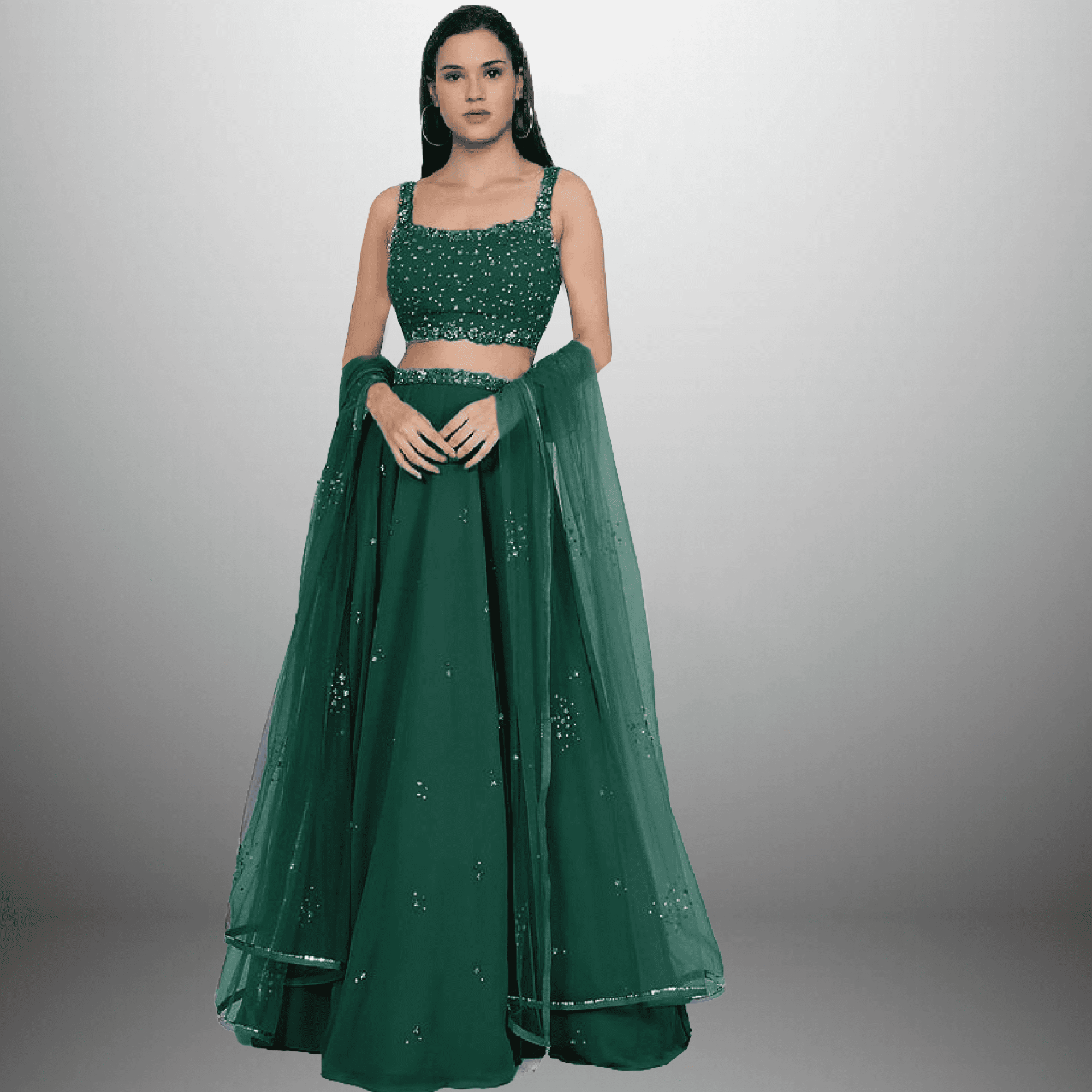Green Georgette Lehenga with embellishmed blouse and Dupatta-RFL004