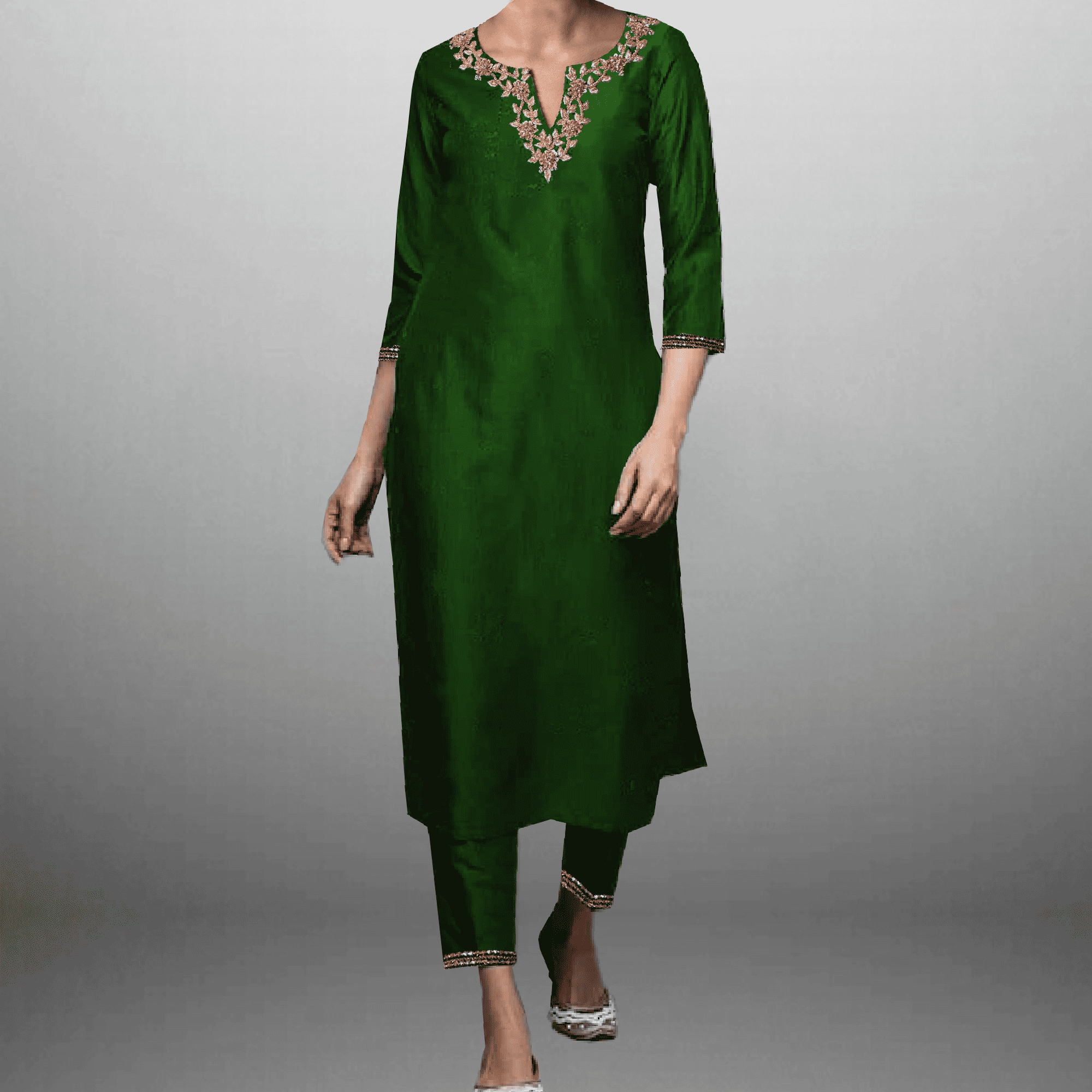 Women's Green neck line embroidered Kurti with Pant-RWKS067