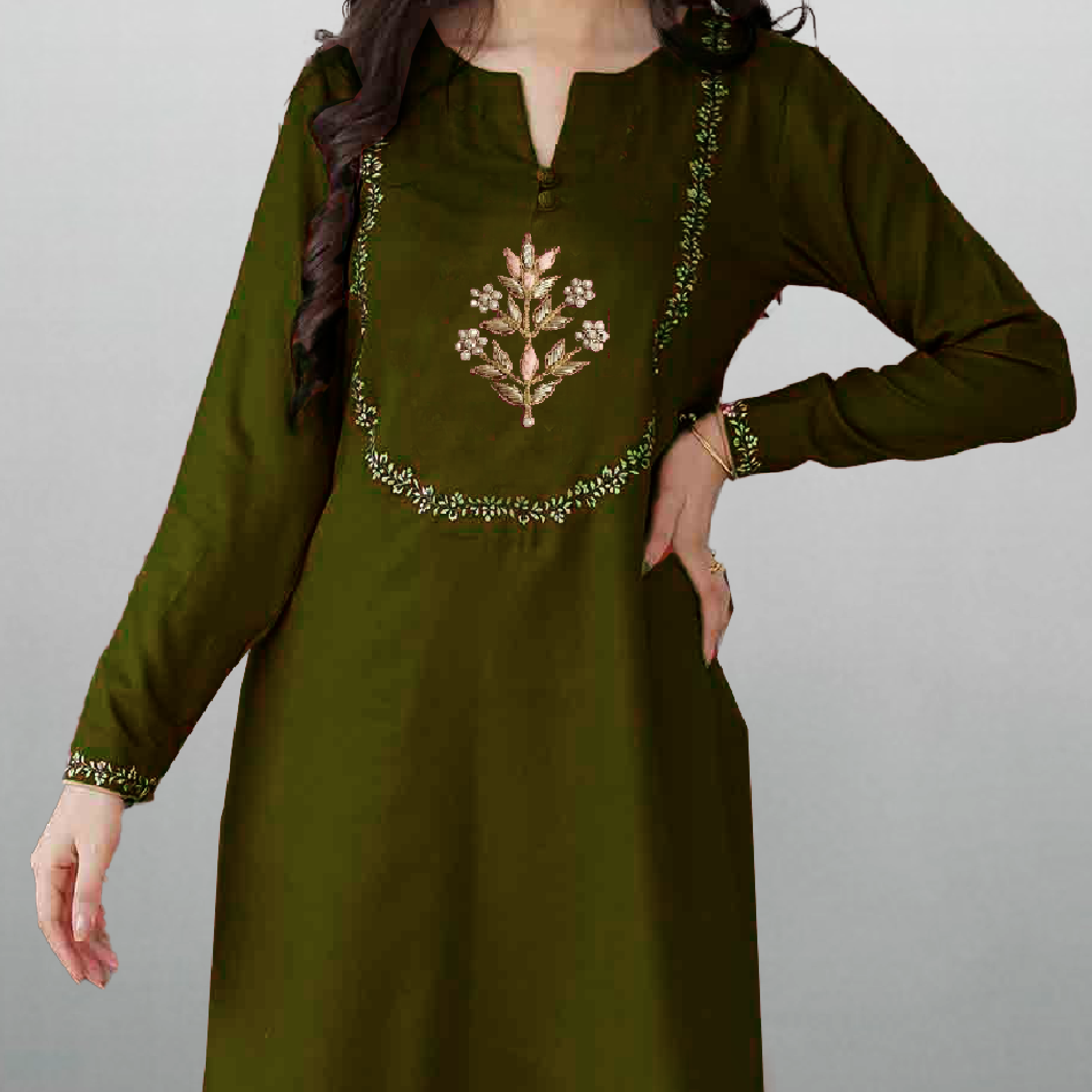 Women's Green embroidered Kurti with palazzo-RWKS065