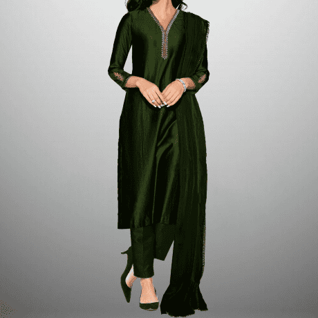 Women's Sleeve embroidered  Green  Kurti with pant and Dupatta-RWKS061