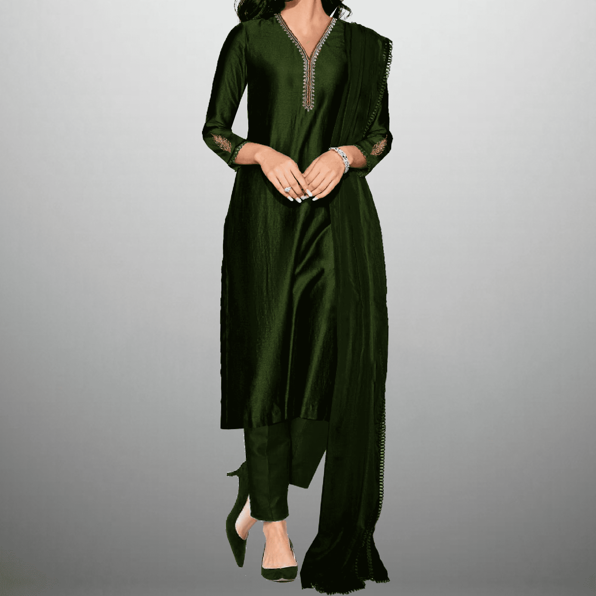 Women's Sleeve embroidered  Green  Kurti with pant and Dupatta-RWKS061