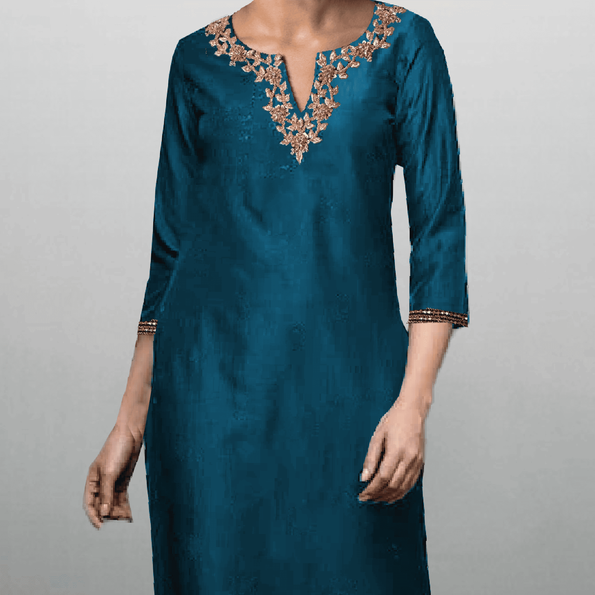 Women's Sea Blue neck line embroidered Kurti with Pant-RWKS068
