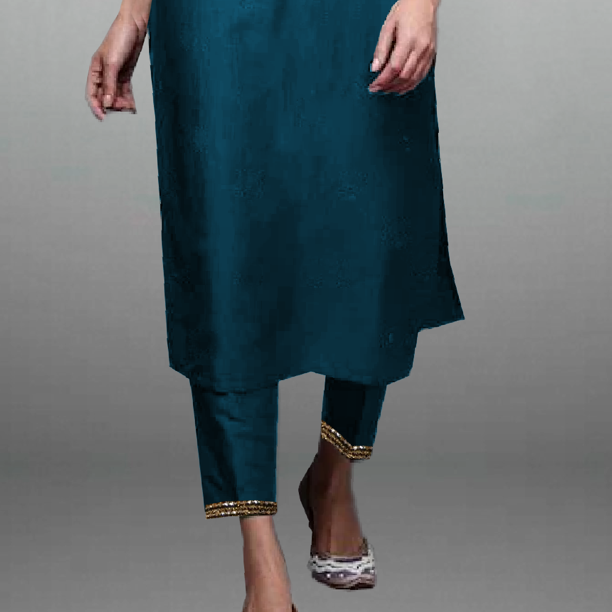 Women's Sea Blue neck line embroidered Kurti with Pant-RWKS068