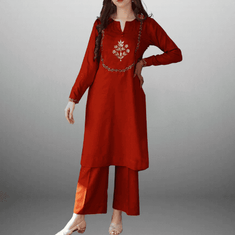 Women's Fire Orange embroidered Kurti with palazzo-RWKS064