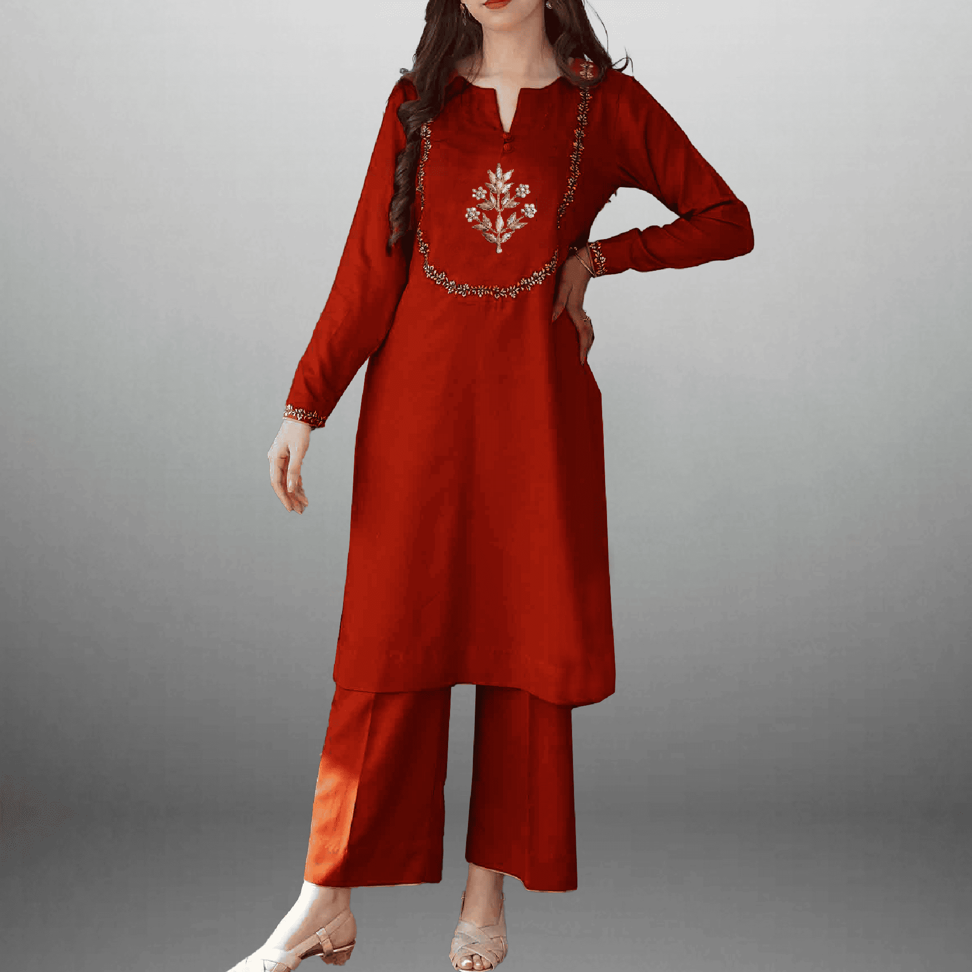 Women's Fire Orange embroidered Kurti with palazzo-RWKS064