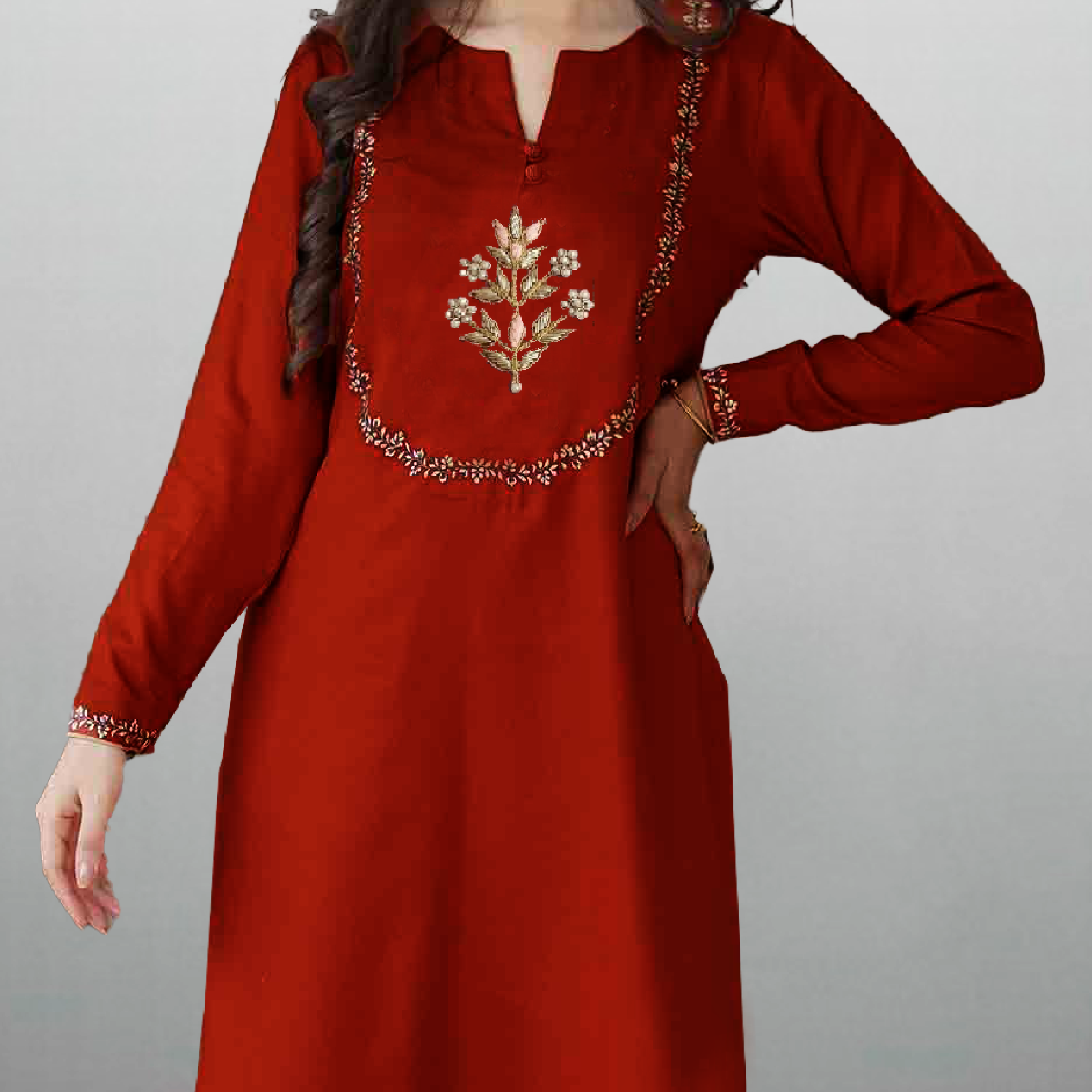 Women's Fire Orange embroidered Kurti with palazzo-RWKS064