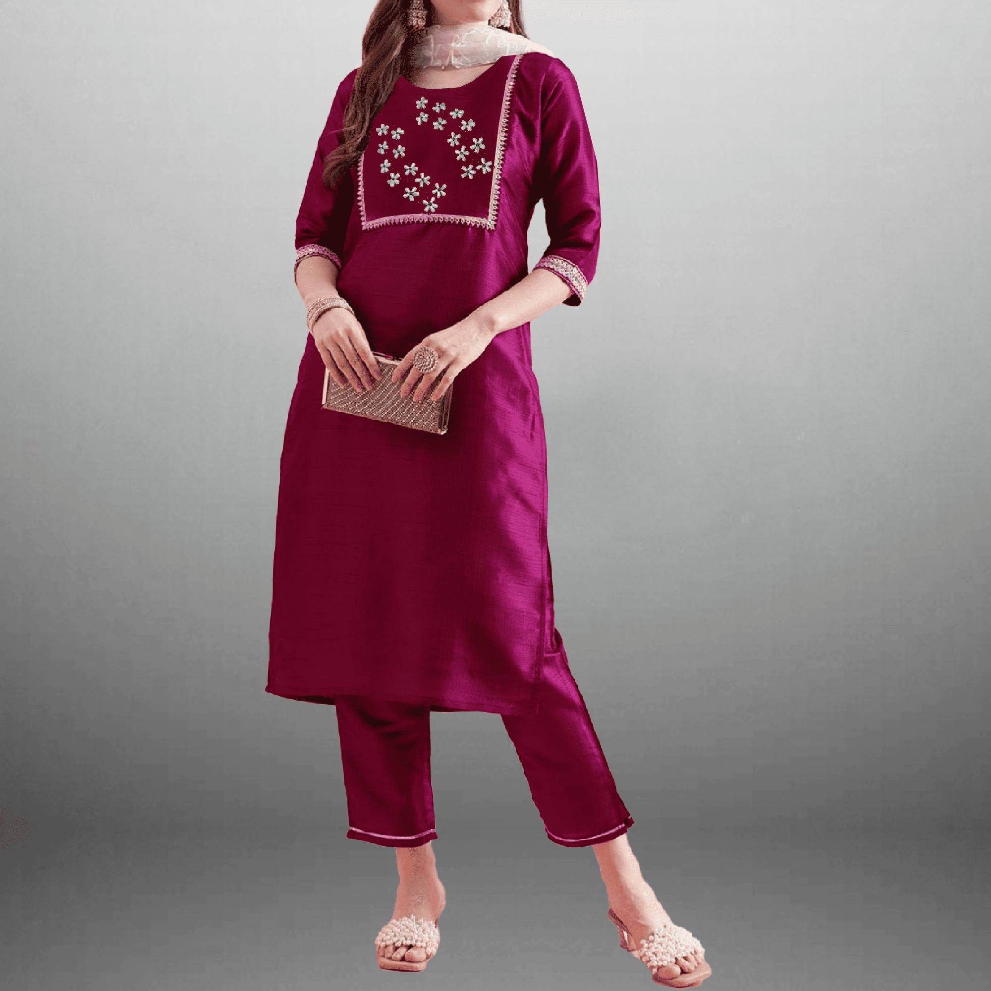 Women's Hot pink Kurti with pant and Dupatta-RWKS059