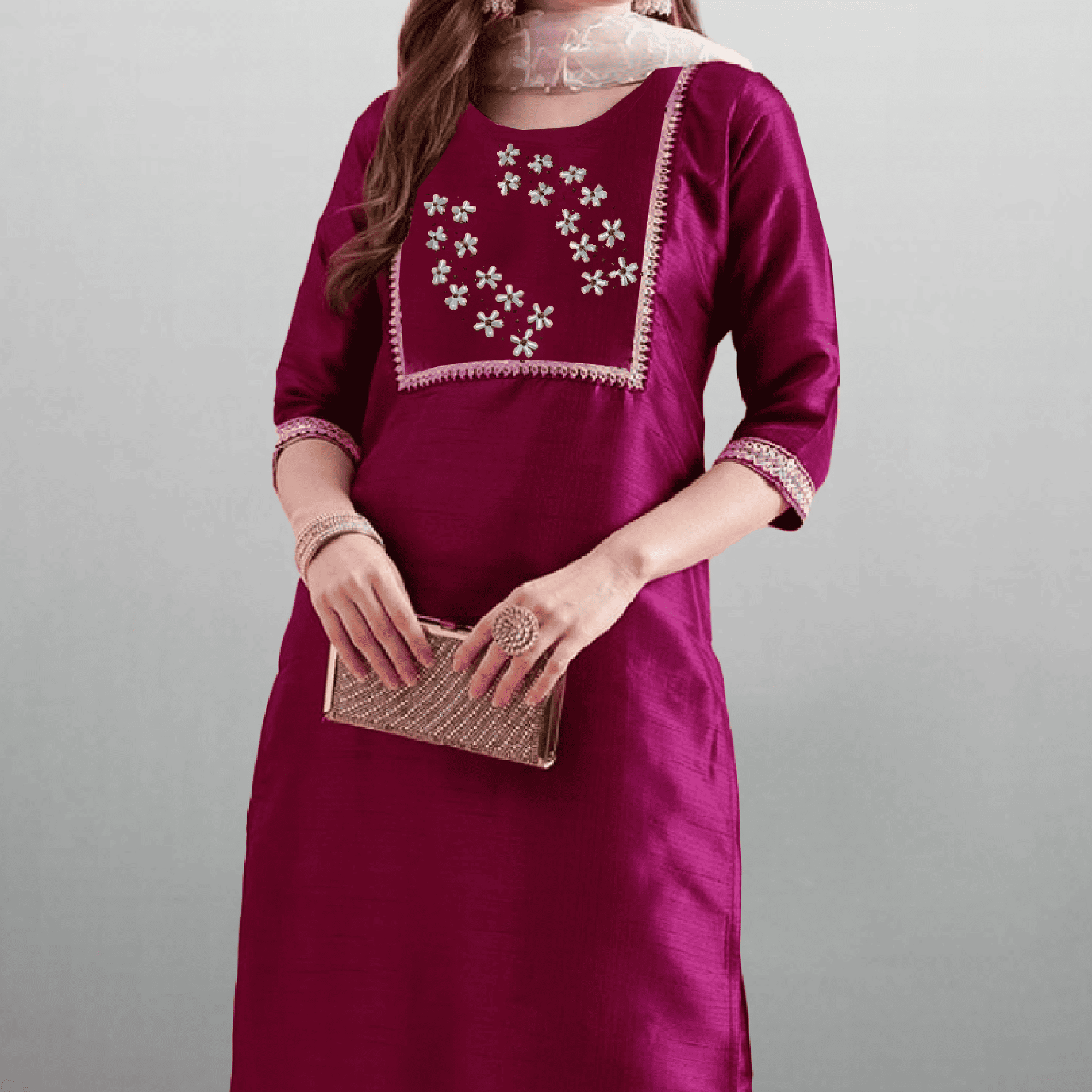 Women's Hot pink Kurti with pant and Dupatta-RWKS059