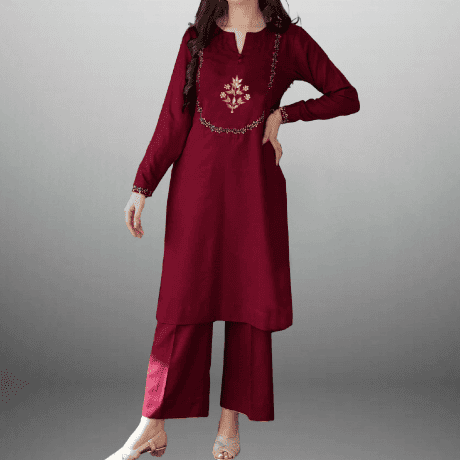 Women's Hot Pink embroidered Kurti with palazzo-RWKS066