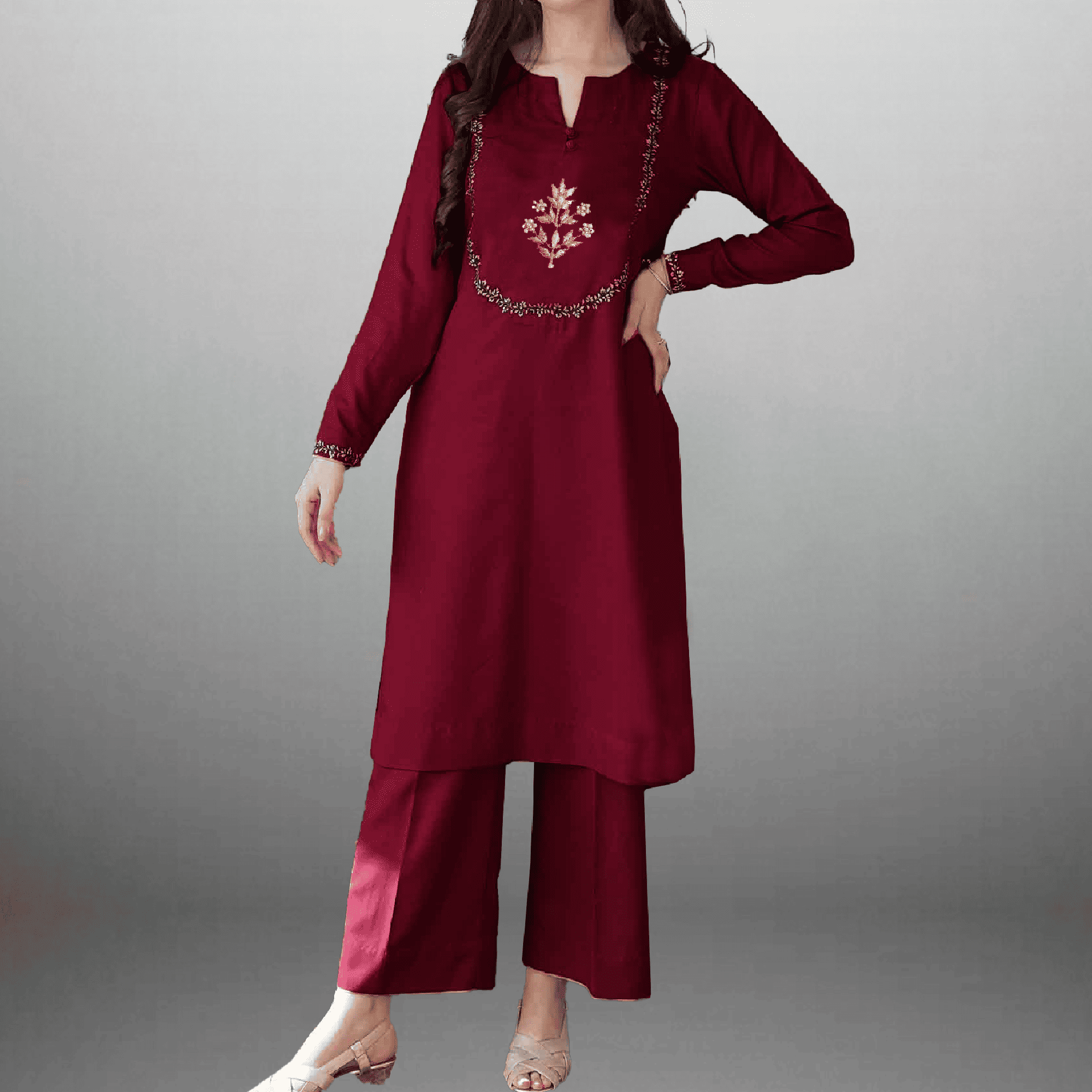 Women's Hot Pink embroidered Kurti with palazzo-RWKS066