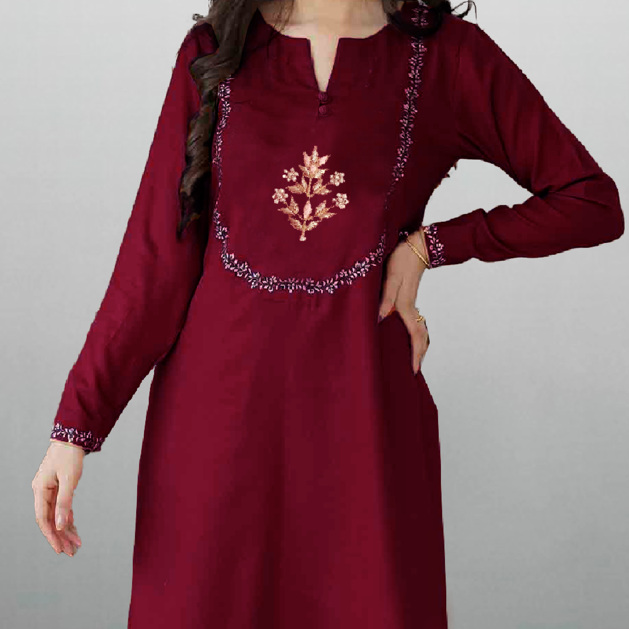 Women's Hot Pink embroidered Kurti with palazzo-RWKS066