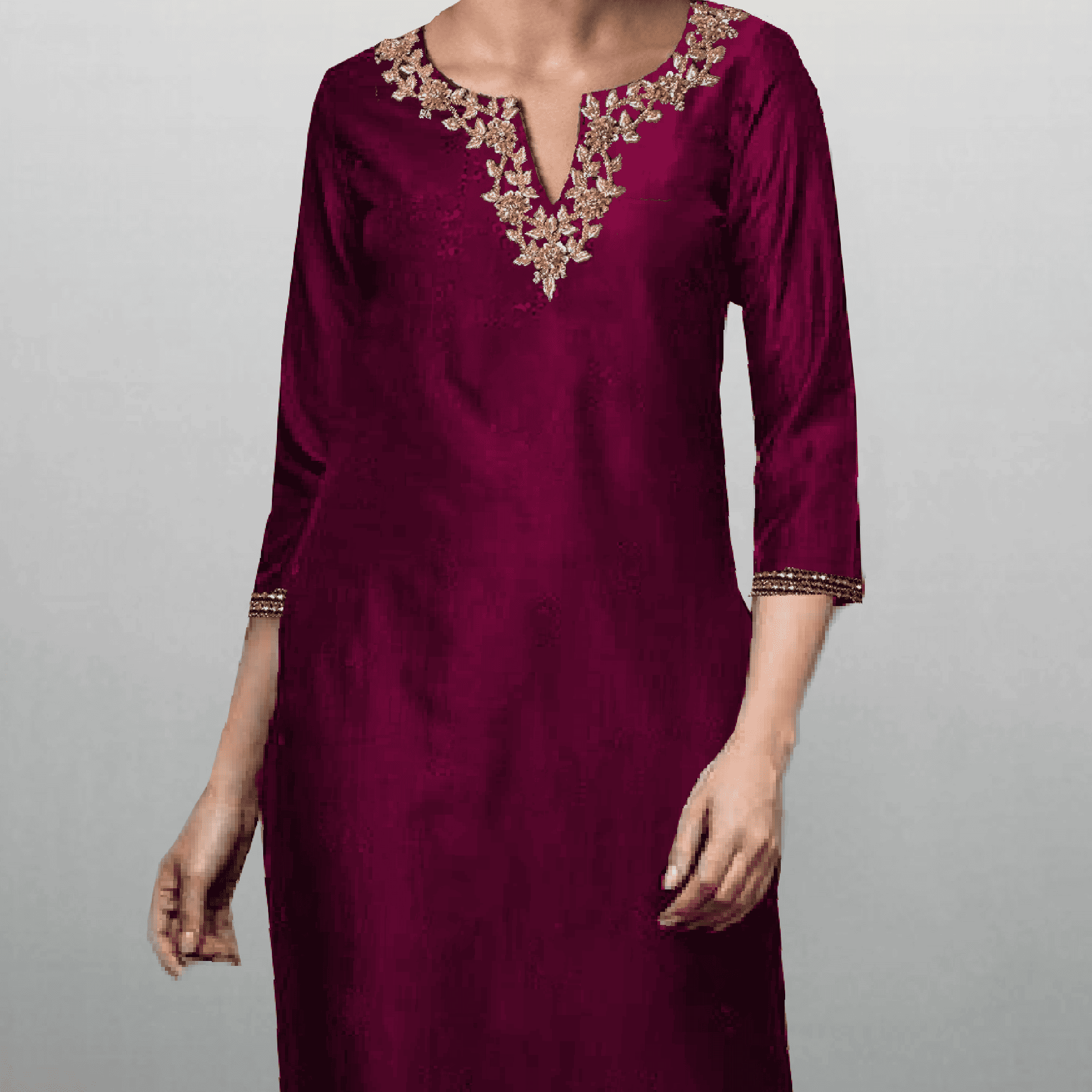 Women's Tyrian Purple neck line embroidered Kurti with Pant-RWKS069