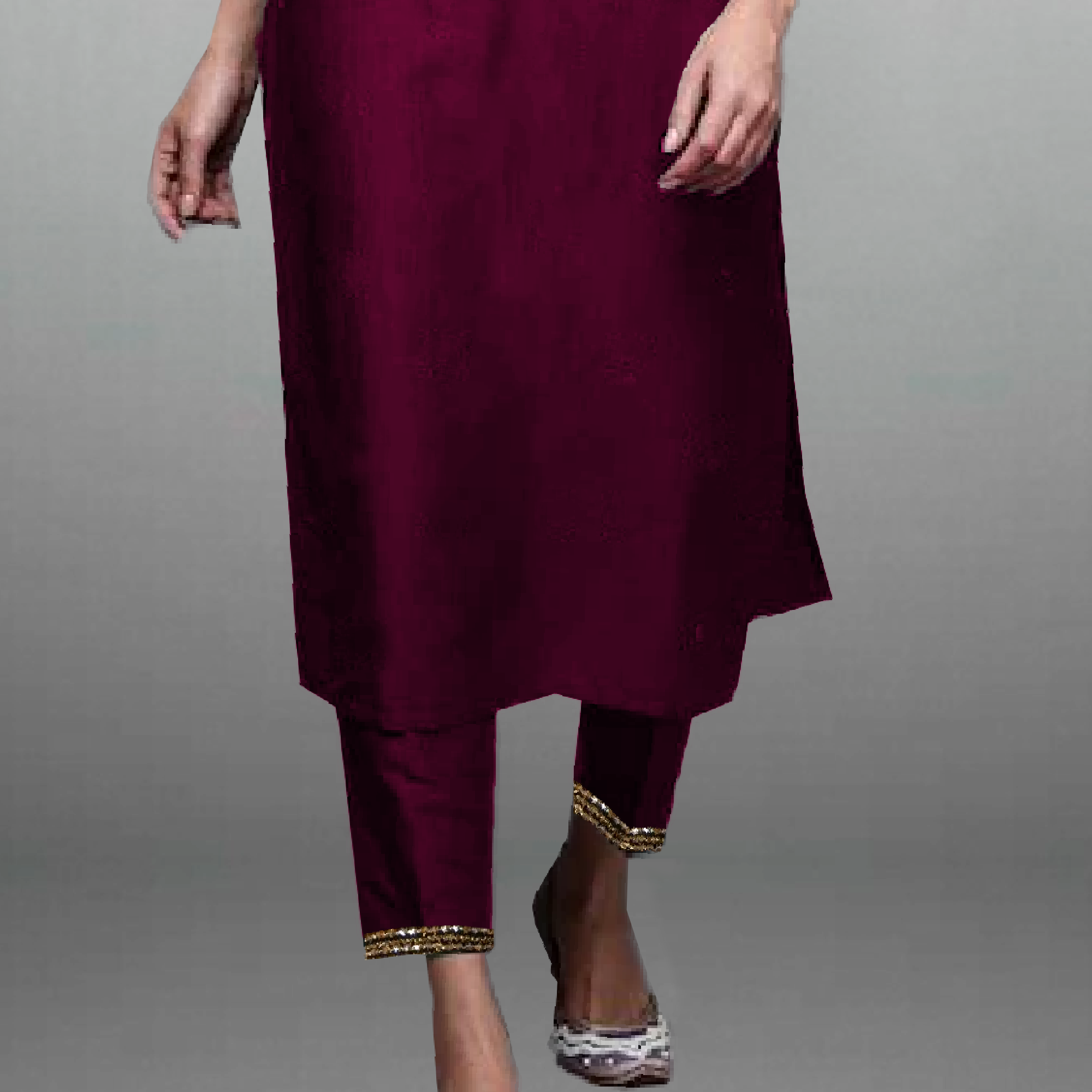 Women's Tyrian Purple neck line embroidered Kurti with Pant-RWKS069