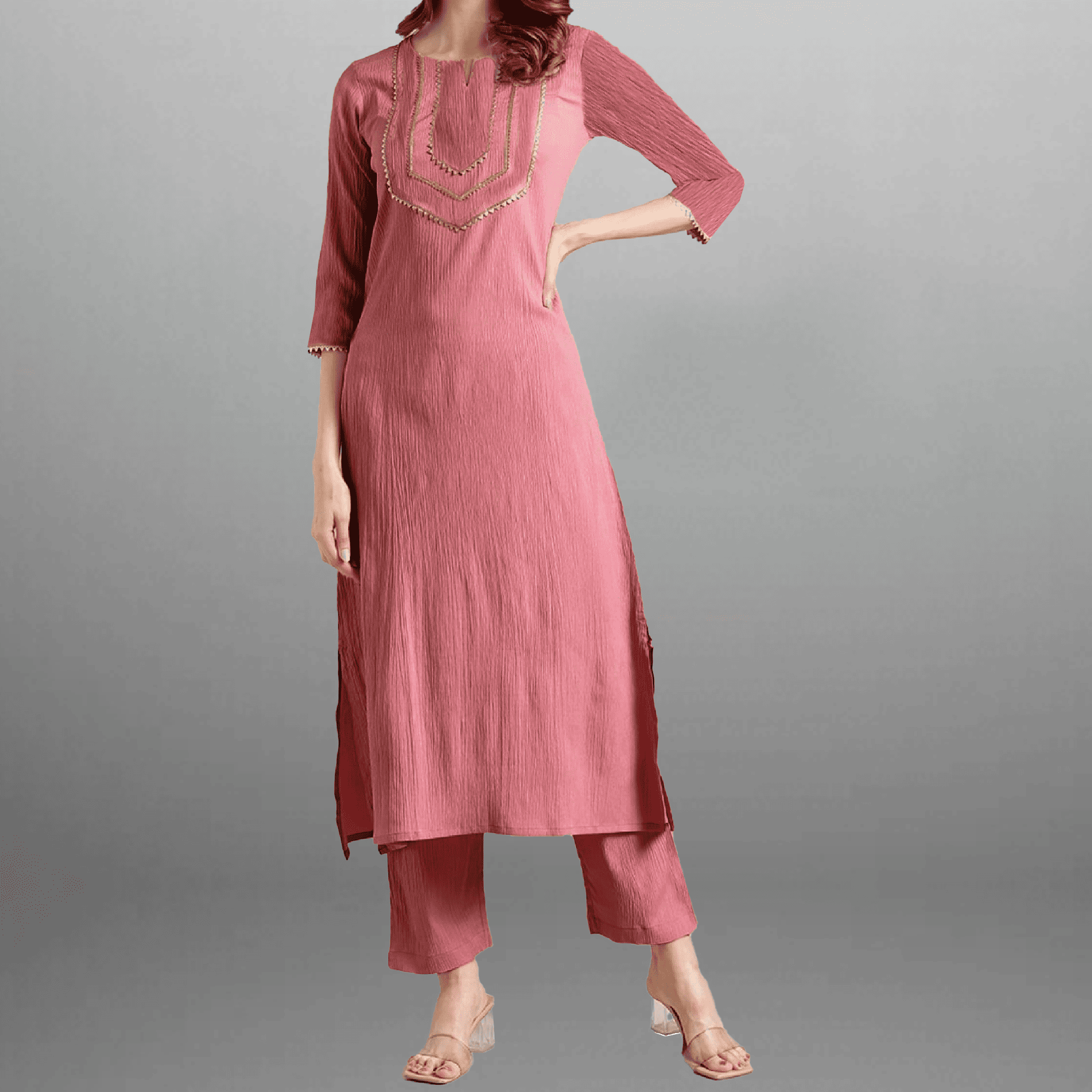 Women's nude pink kurti with pant-RWKS070