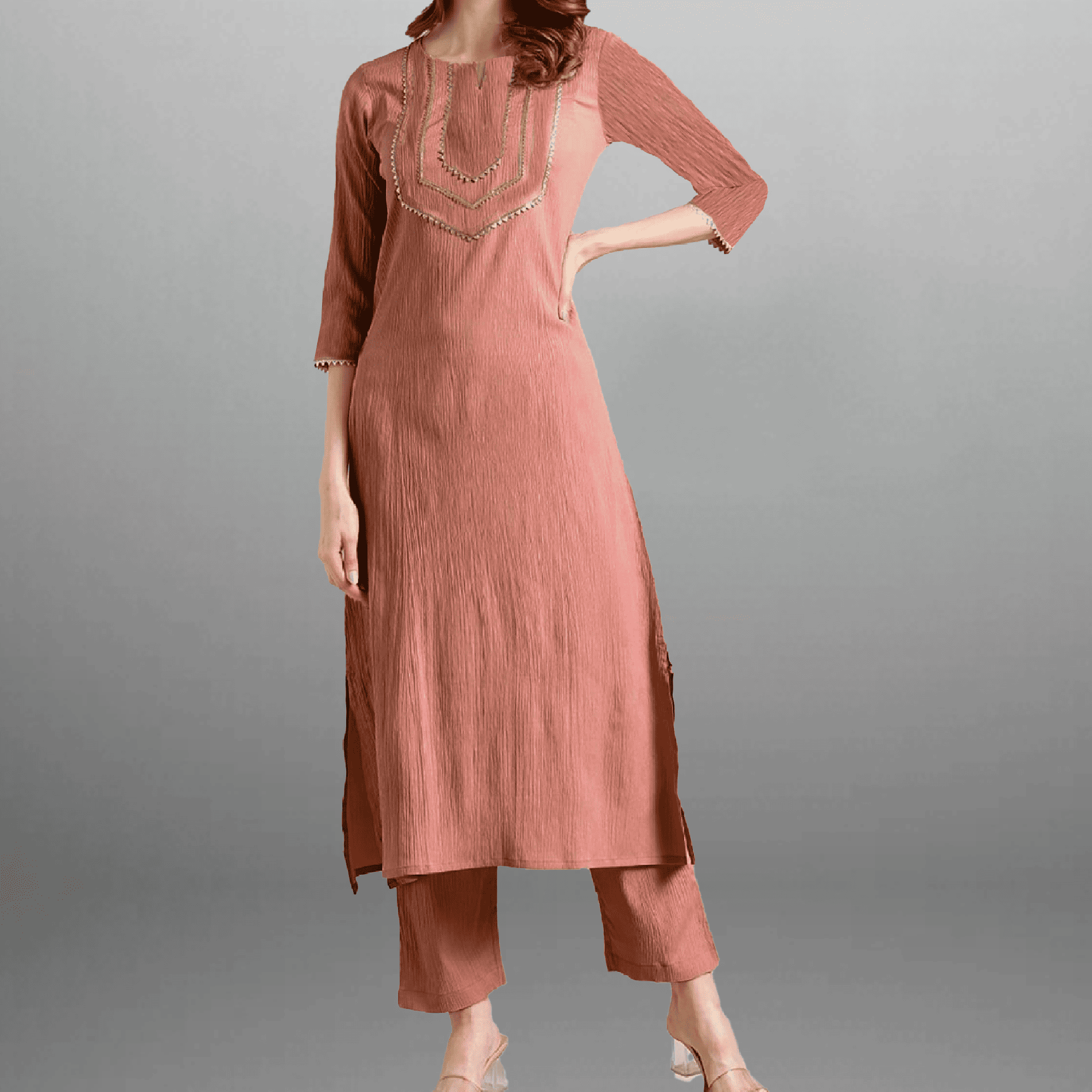 Women's peach kurti with pant-RWKS071