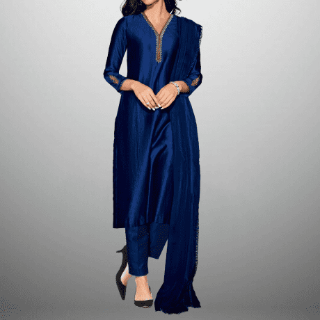 Women's Sleeve embroidered Royal Blue Kurti with pant and Dupatta-RWKS060