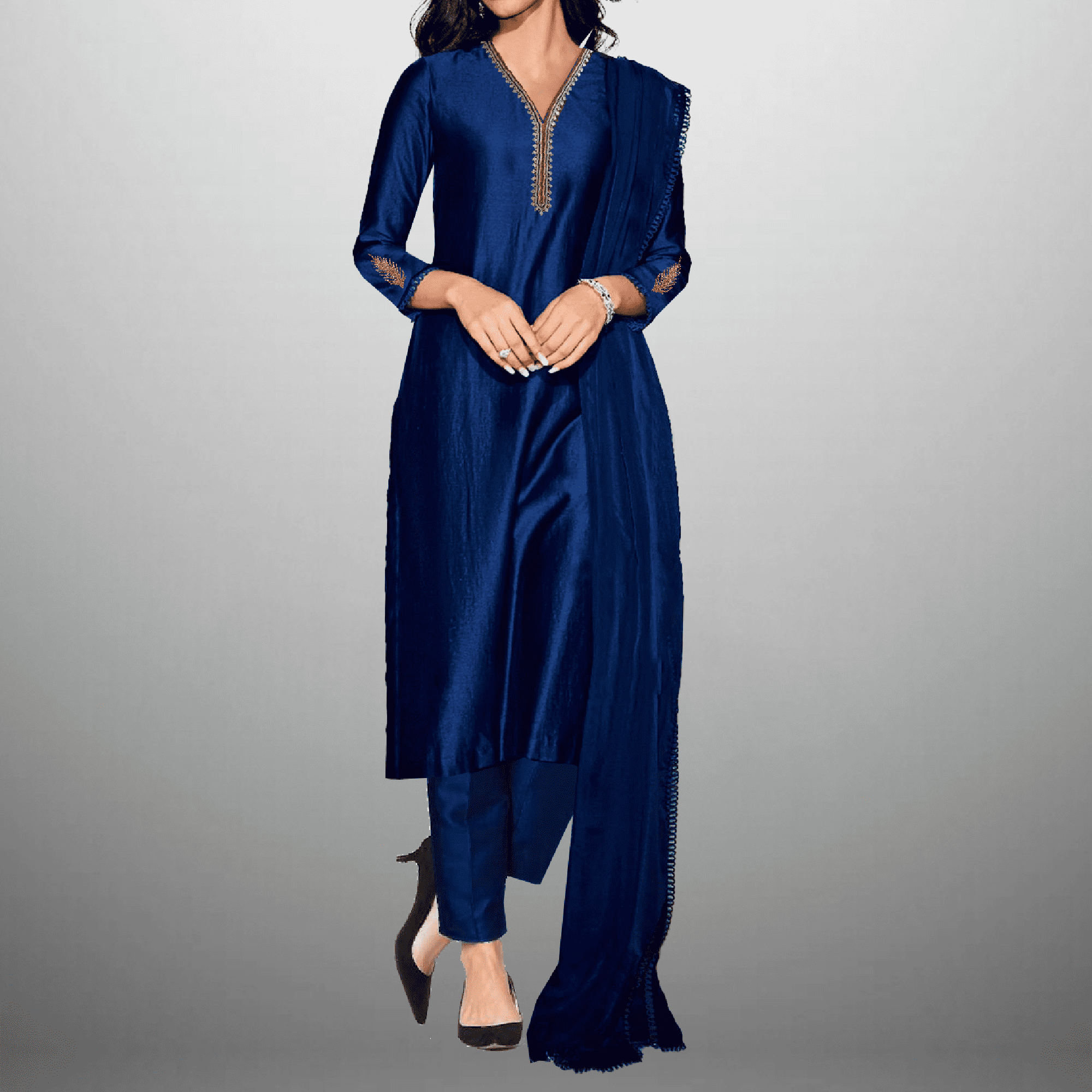 Women's Sleeve embroidered Royal Blue Kurti with pant and Dupatta-RWKS060