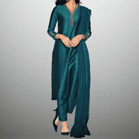 Women's Sleeve embroidered Sea Blue Kurti with pant and Dupatta-RWKS062