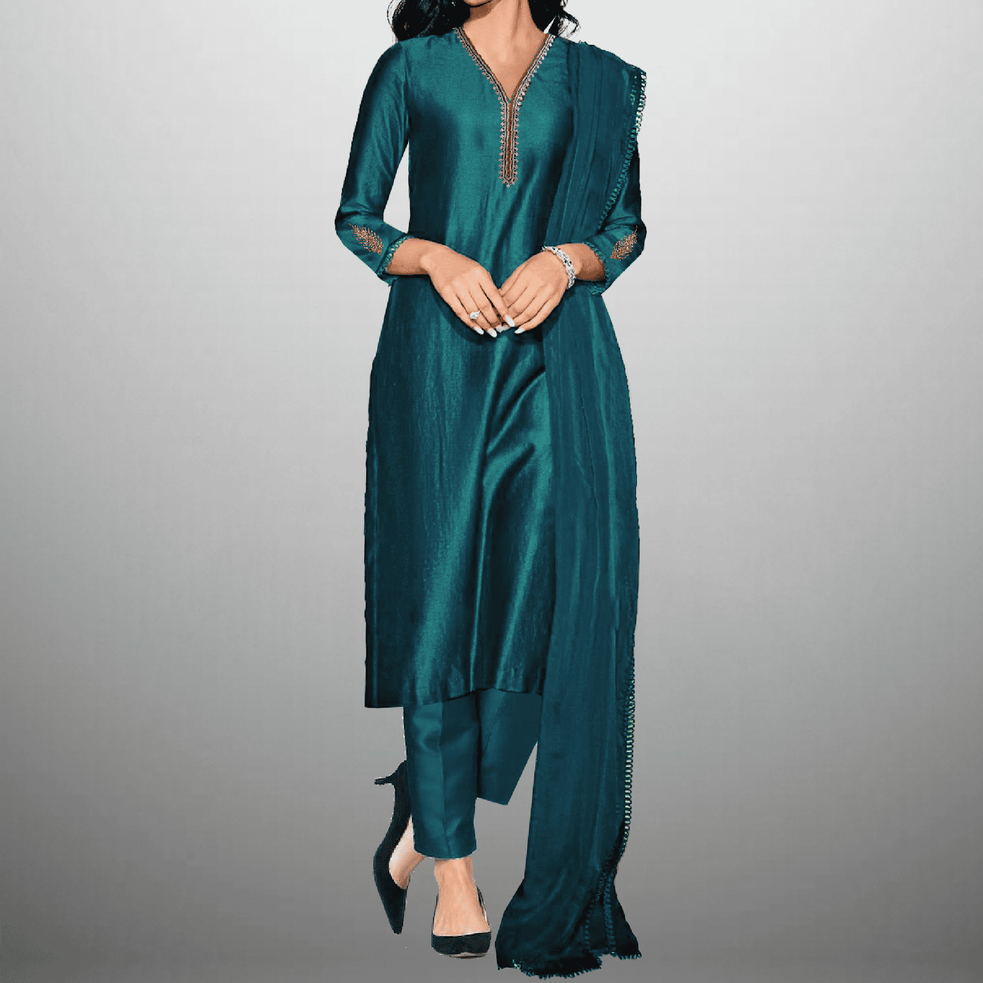 Women's Sleeve embroidered Sea Blue Kurti with pant and Dupatta-RWKS062