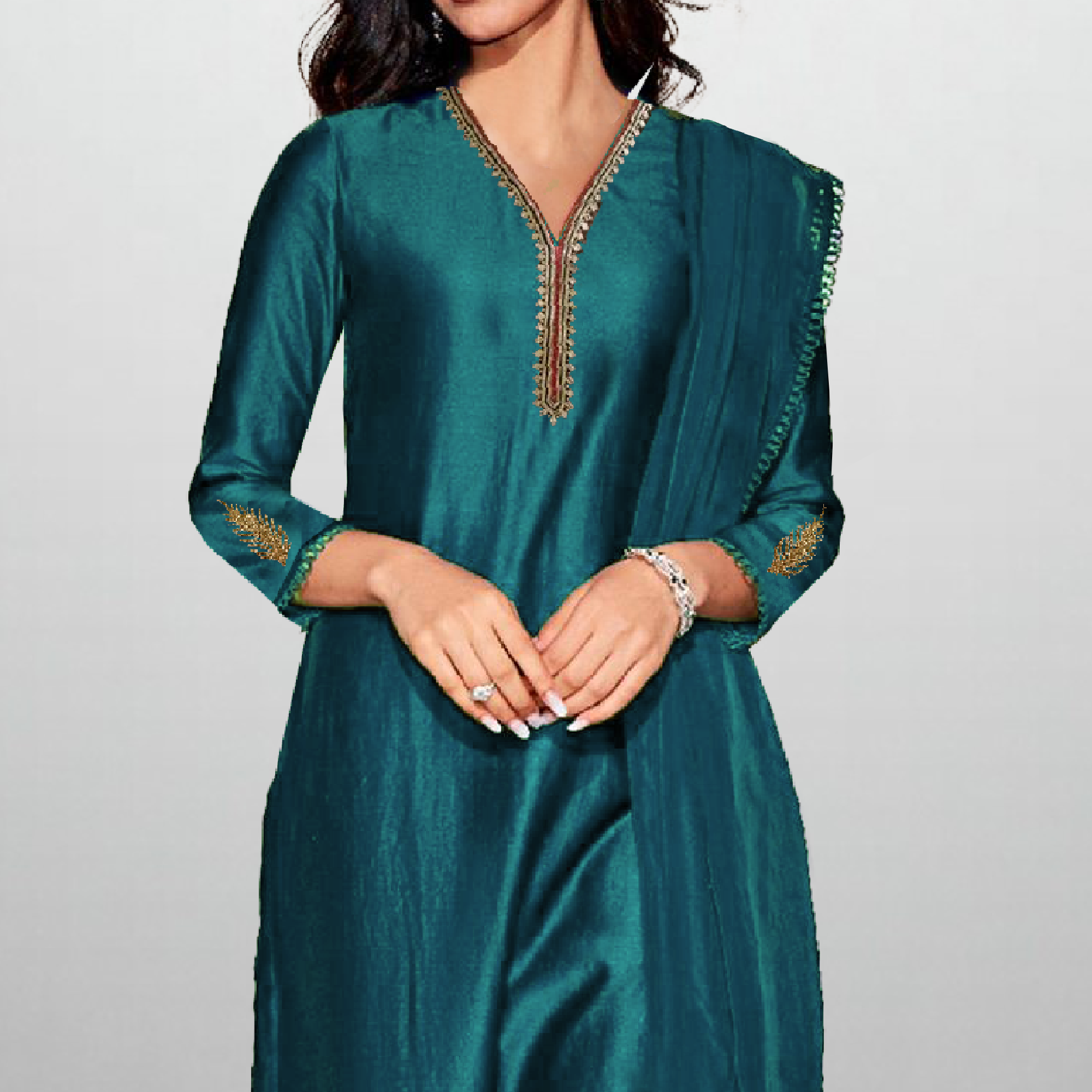 Women's Sleeve embroidered Sea Blue Kurti with pant and Dupatta-RWKS062