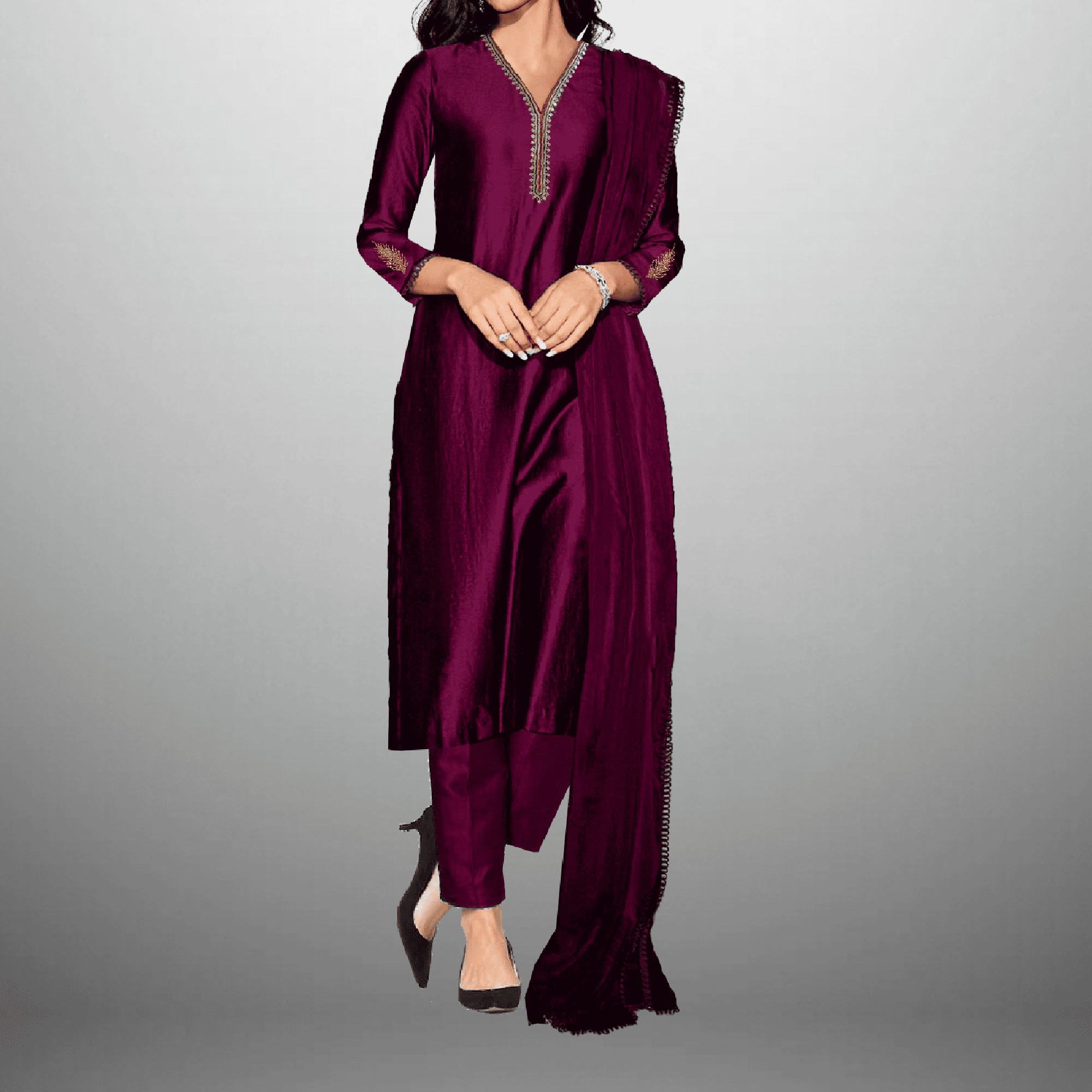 Women's Sleeve embroidered  Tyrian Purple Kurti with pant and Dupatta-RWKS063