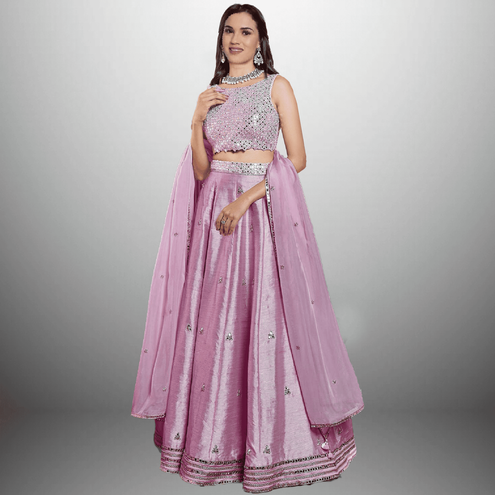 Lavender Lehenga with sleeveless mirror embellished Choli with Dupatta-RFL002