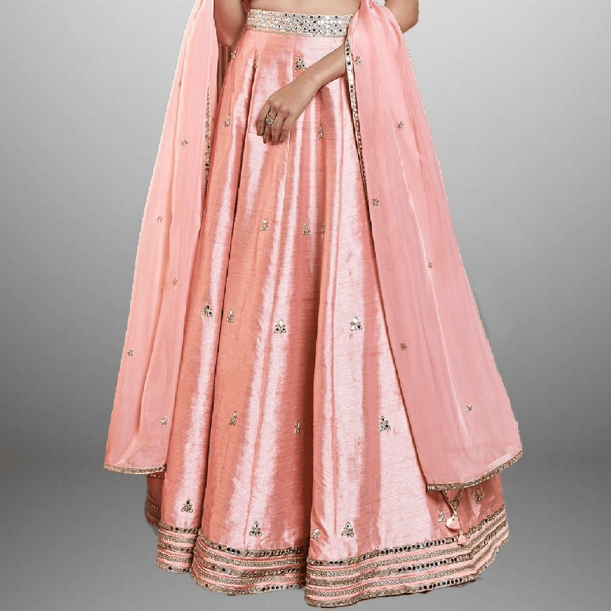 Peach pink Lehenga with sleeveless mirror embellished Choli with Dupatta-RFL001