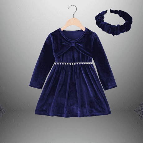 Girl's Blue Velvet Full Sleeve dress-RKFCW512