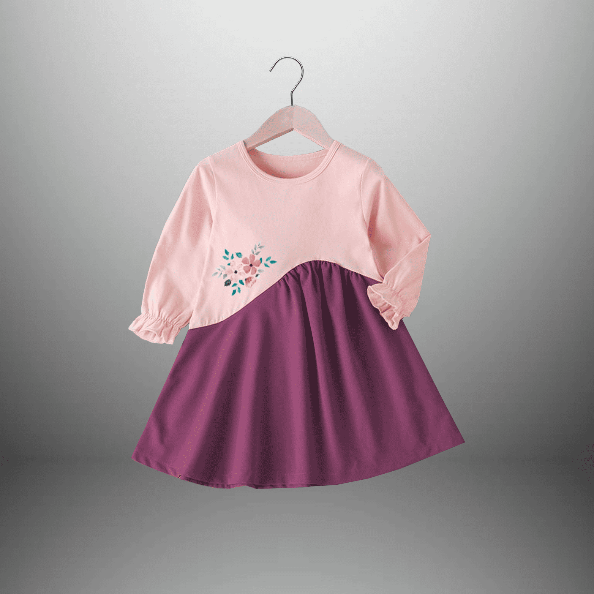 Girl's Color blocked dress with balloon sleeve-RKFCW510