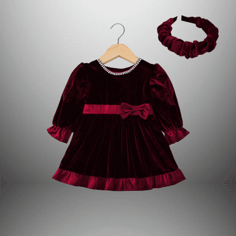 Girl's Wine Red Velvet Flared dress with Balloon Sleeves-RKFCW515
