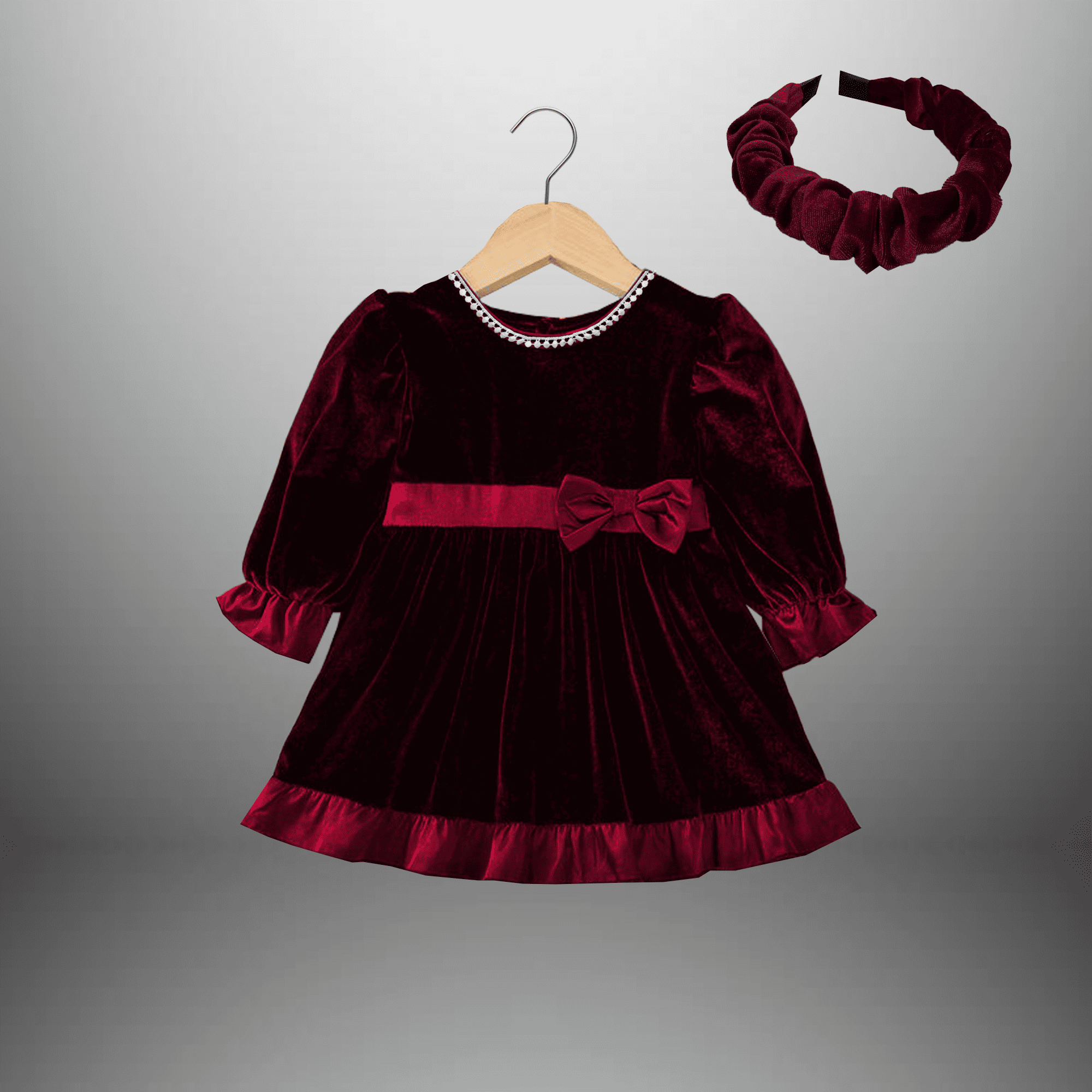 Girl's Wine Red Velvet Flared dress with Balloon Sleeves-RKFCW515