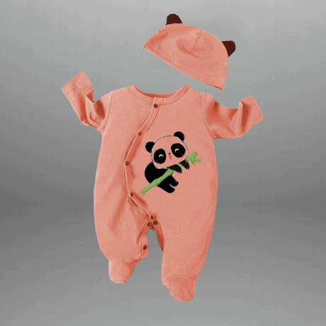 Toddler's Peach Romper with cute lazy panda motif and a free cap-RKFCTT105