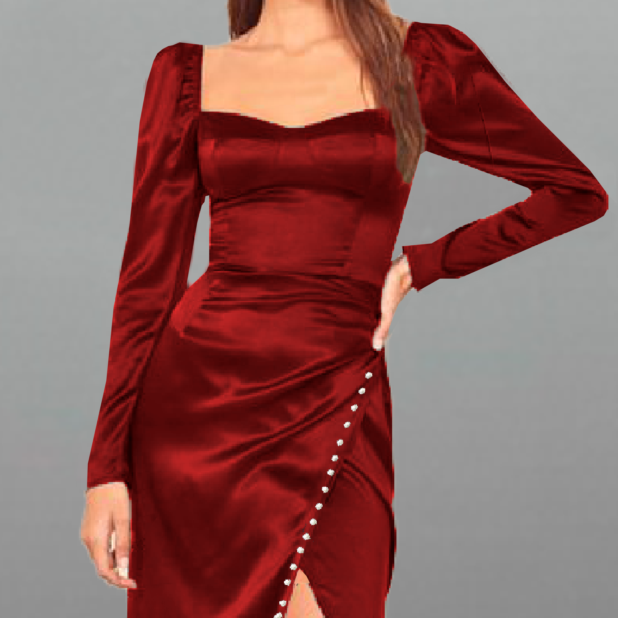 Women's Red Satin Full sleeve Overlapped dress with Pearl Embellishment-RED066