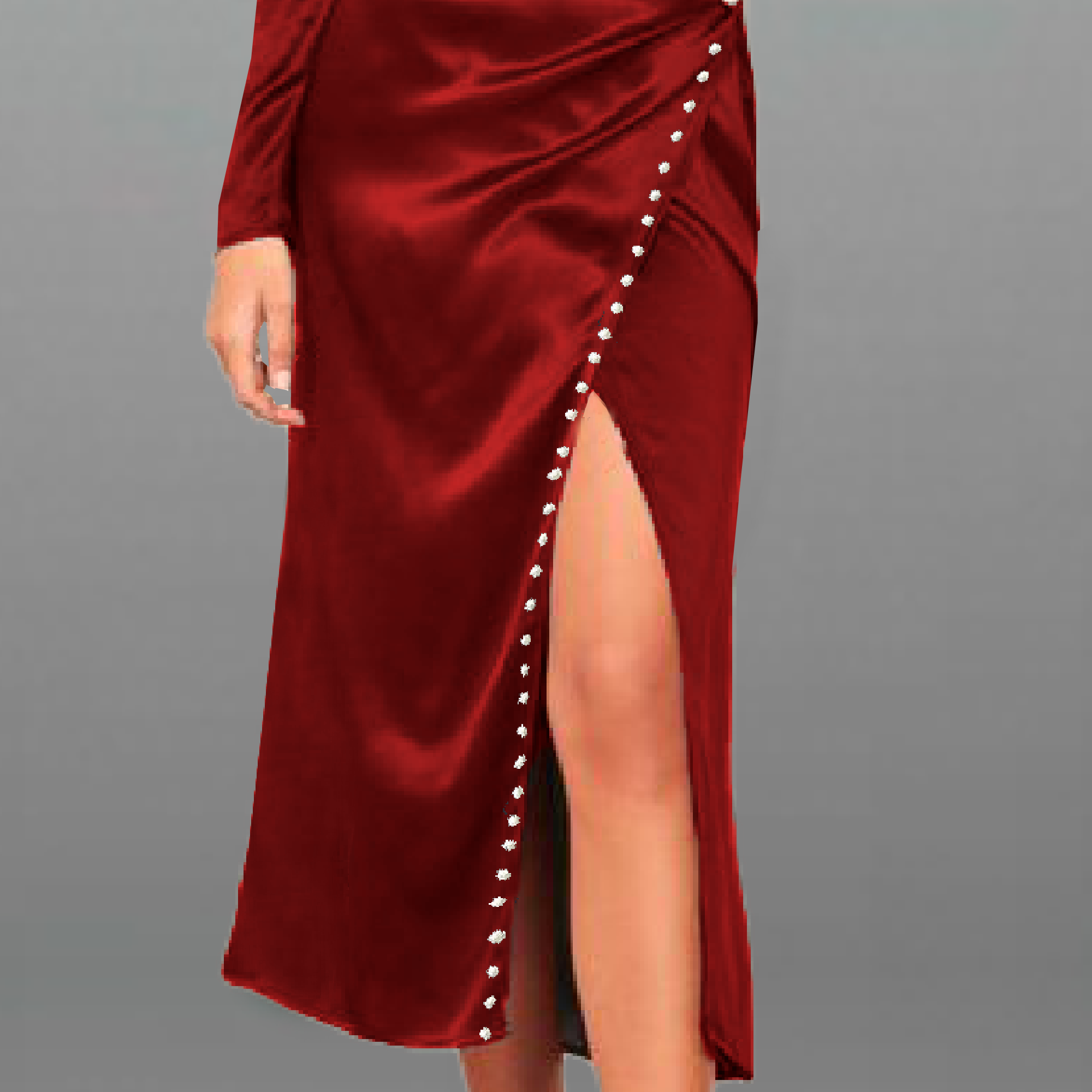 Women's Red Satin Full sleeve Overlapped dress with Pearl Embellishment-RED066